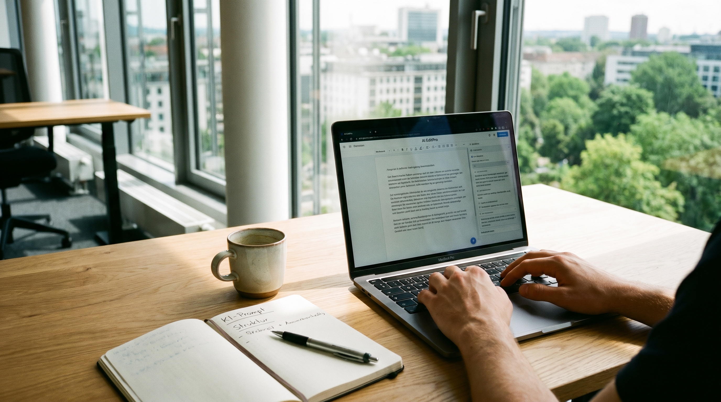 Ein aufgeräumter Schreibtisch mit Laptop, auf dem ein KI-gestützter Texteditor geöffnet ist. Daneben Kaffeetasse und Notizblock. Helle, moderne Büroatmosphäre, die Produktivität und Kreativität ausstrahlt.