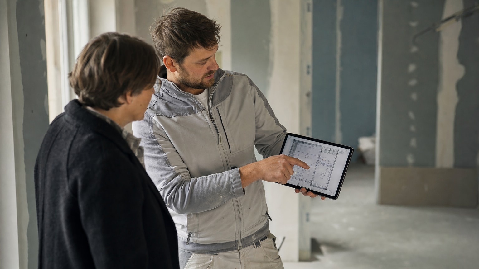 Ein Trockenbauer steht mit einem Tablet in einem Rohbau, auf dem Display sind digitale Grundrisslinien und automatisch berechnete Flächen zu sehen. Helle Baustellen-Atmosphäre, professionell, modern.