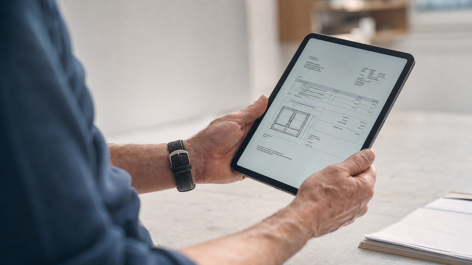 Ein Handwerksmeister in einem modernen, hellen Büro blickt zufrieden auf ein Tablet, auf dem ein professionell gestaltetes Angebot zu sehen ist. Im Hintergrund deuten dezente, abstrakte Grafiken eine datenbasierte Analyse an, die dem Menschen assistiert.
