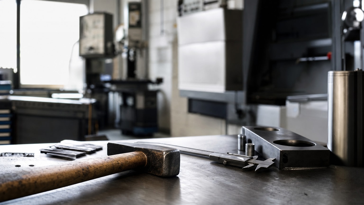 Ein Handwerker in einer modernen Werkstatt nutzt ein Tablet mit einer KI-gestützten Software, im Hintergrund sieht man traditionelle Werkzeuge neben digitalen Bildschirmen – die Verbindung von Handwerkstradition und moderner Technologie.