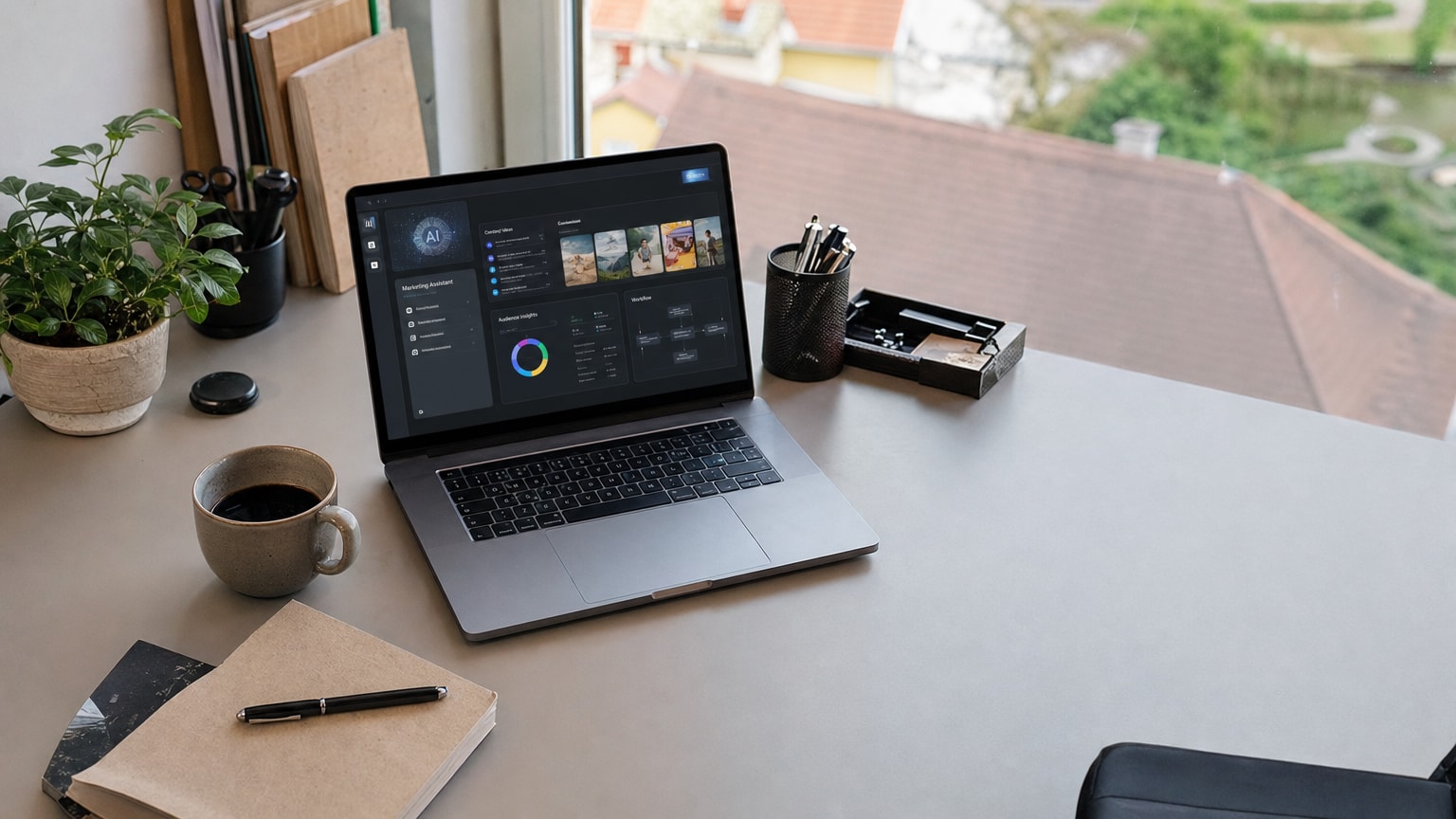 Ein moderner, aufgeräumter Schreibtisch in einem kleinen Büro mit einem Laptop, auf dem ein KI-Dashboard für Marketing-Aufgaben zu sehen ist. Daneben Kaffeetasse und Notizbuch. Warmes, natürliches Licht, österreichische Kleinstadt-Atmosphäre durch das Fenster.
