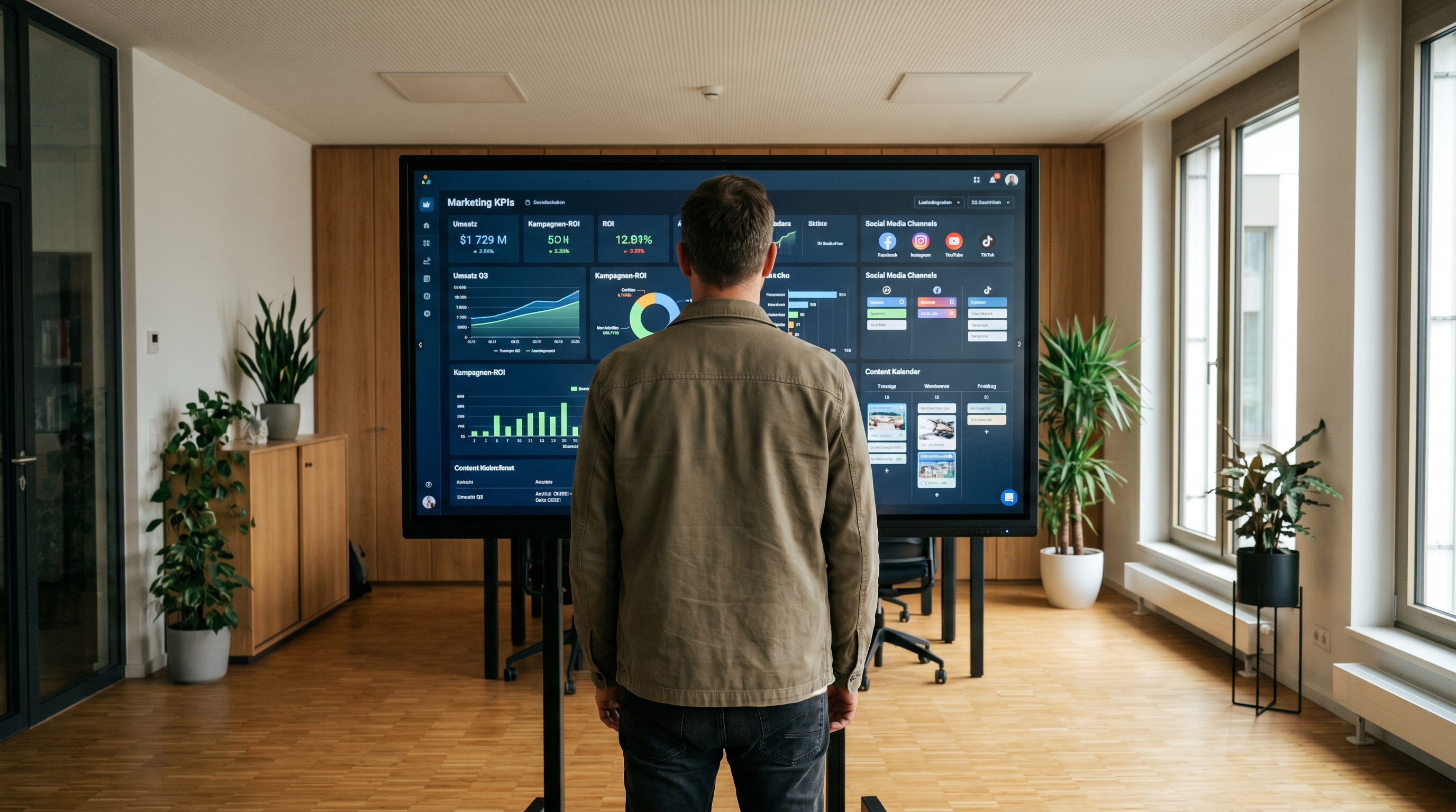 Eine einzelne Person steht selbstbewusst vor einem großen, hell erleuchteten digitalen Dashboard, das Marketing-Kennzahlen, Social-Media-Kanäle und Content-Workflows zeigt. Moderne, aufgeräumte Büroumgebung mit warmen Farben.