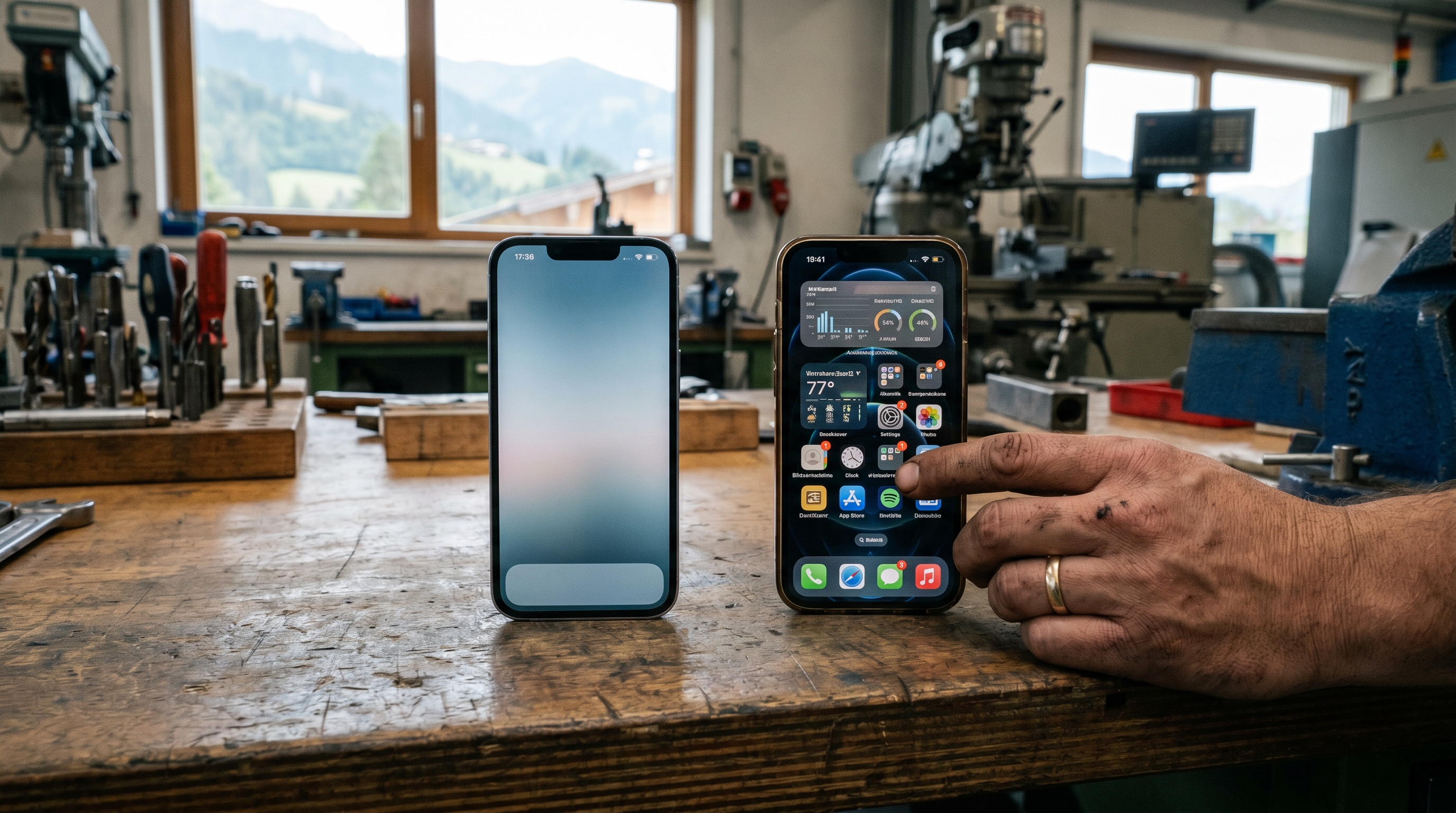 Ein modernes Smartphone mit leerem Homescreen ohne Apps, daneben ein Smartphone voller intelligenter Anwendungen – als Metapher für oberflächliche vs. tiefgreifende Digitalisierung in Unternehmen.