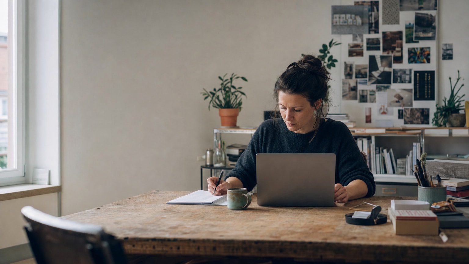 Ein Schreibtisch in einem kleinen Betrieb mit Laptop, Notizblock und Kaffeetasse. Auf dem Bildschirm ist ein Textdokument zu sehen. Warme, natürliche Lichtstimmung, österreichisches Ambiente.