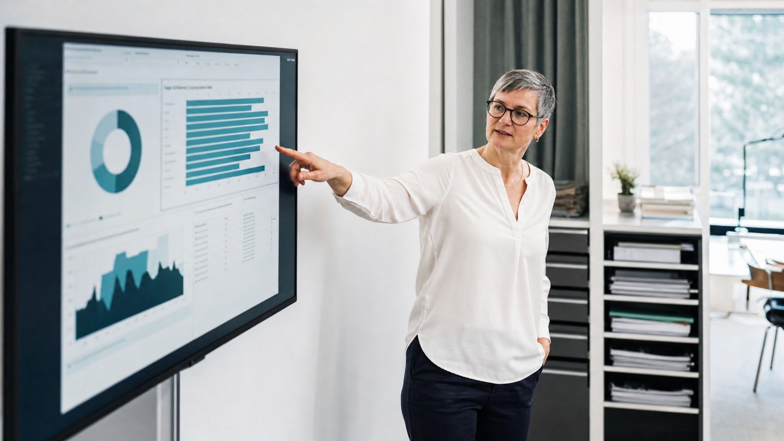 Ein aufgeräumtes, modernes Dashboard auf einem Bildschirm in einem hellen Büro, daneben eine Geschäftsführerin, die auf ein klar strukturiertes Balkendiagramm zeigt — sachlich, professionell, österreichisches KMU-Umfeld.
