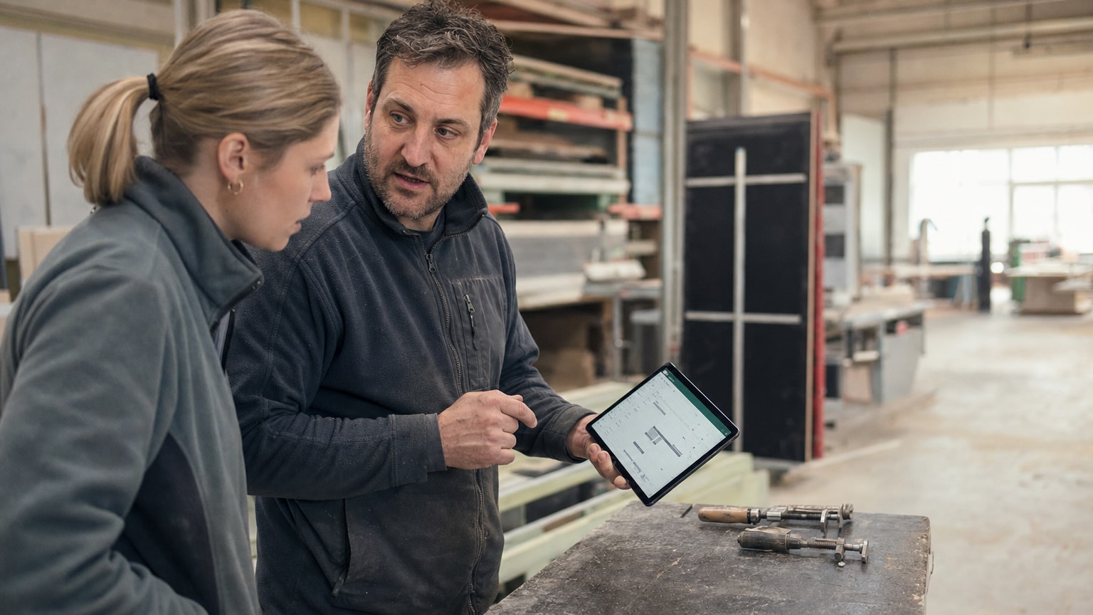 Ein aufgeräumter Handwerker-Arbeitsplatz mit Tablet, auf dem eine digitale Projektübersicht zu sehen ist, daneben Werkzeug – symbolisiert die Verbindung von klassischem Handwerk und digitalen Werkzeugen.