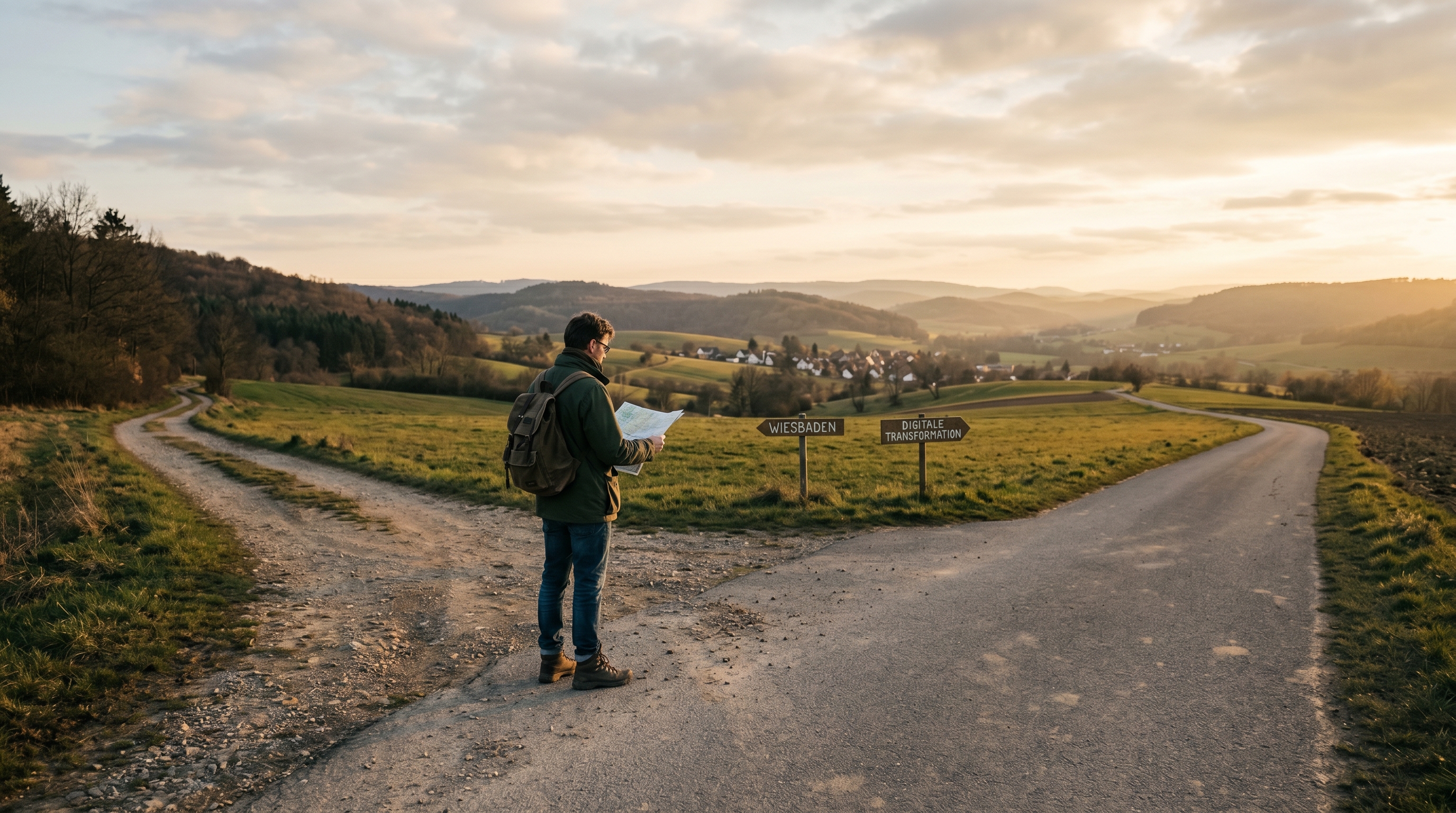Abstraktes Bild einer Wegkreuzung in einer digitalen Landschaft: Mehrere Pfade führen in verschiedene Richtungen, symbolisch für strategische Entscheidungen jenseits der Technologie. Warme, zukunftsoptimistische Farbgebung in Gold- und Blautönen.