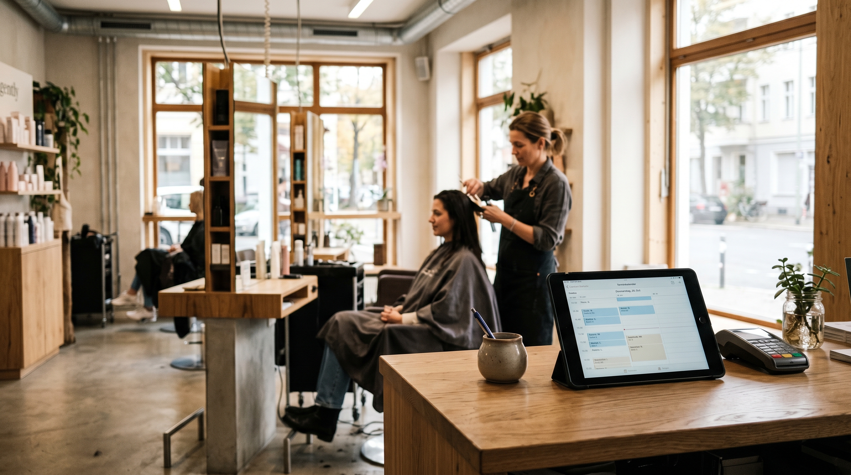Ein moderner, heller Friseursalon mit Tablet an der Rezeption, auf dem ein digitaler Terminkalender zu sehen ist. Im Hintergrund arbeitet eine Friseurin entspannt an einer Kundin.