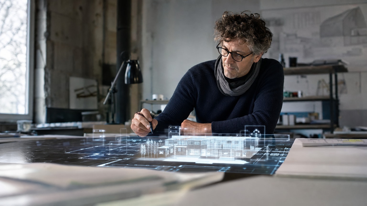 Ein Architekt blickt auf ein holografisches 3D-Modell einer Unternehmensstruktur, das aus leuchtenden Datenströmen und Prozessdiagrammen besteht. Dies symbolisiert die strategische Planung vor der technischen Umsetzung.
