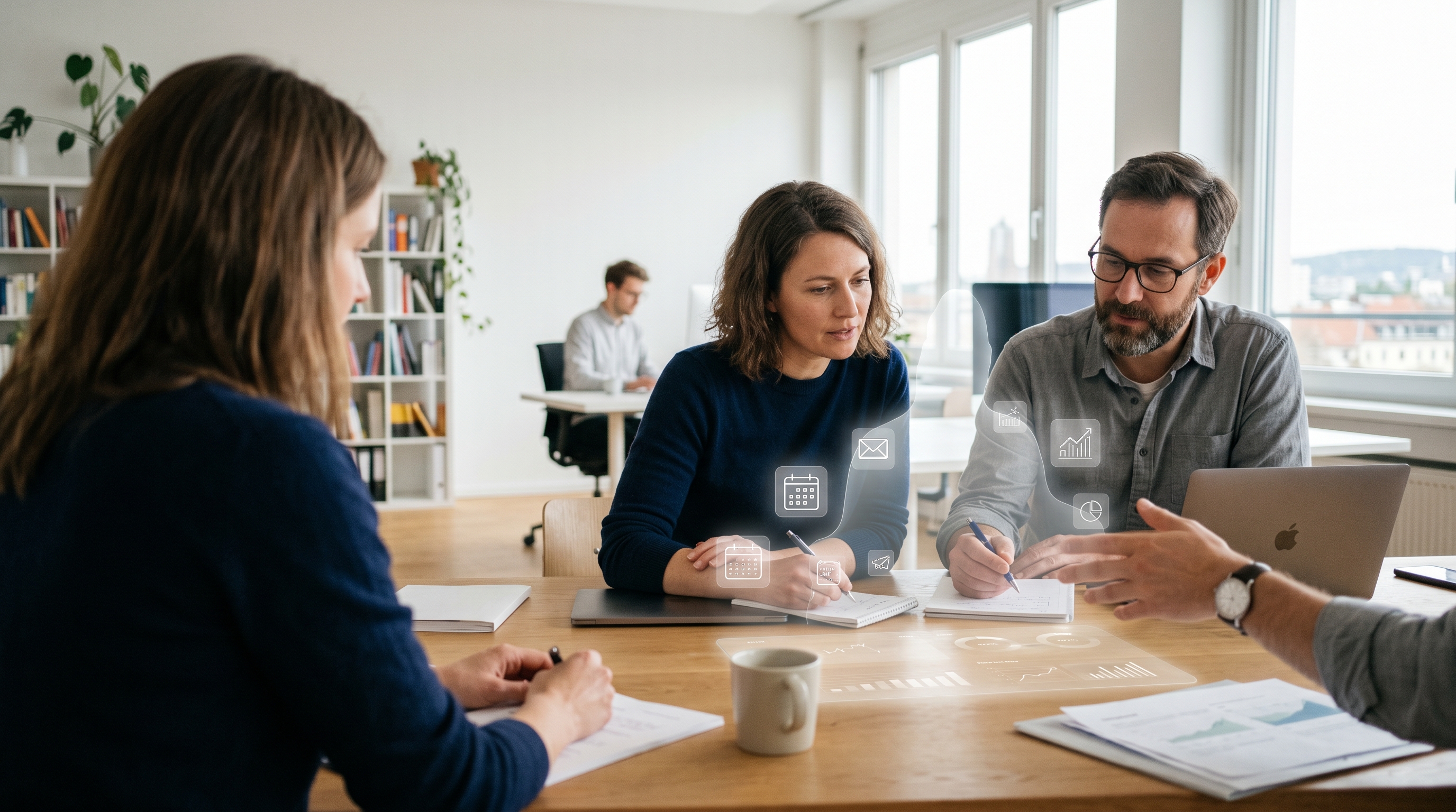 Abstraktes, helles Büro-Setting mit schwebenden digitalen Kalender-, E-Mail- und Marketing-Symbolen, die von einer dezenten KI-Silhouette orchestriert werden – modern, optimistisch, nicht dystopisch.