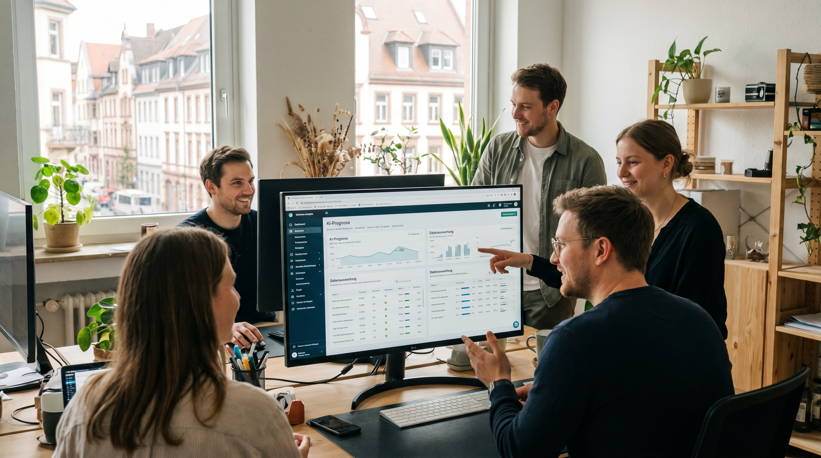 Ein kleines Team in einem modernen, hellen Büro arbeitet gemeinsam an einem digitalen Dashboard – symbolisch für KMU, die KI-Technologie nutzen. Warme Farben, optimistische Stimmung, keine Roboter.