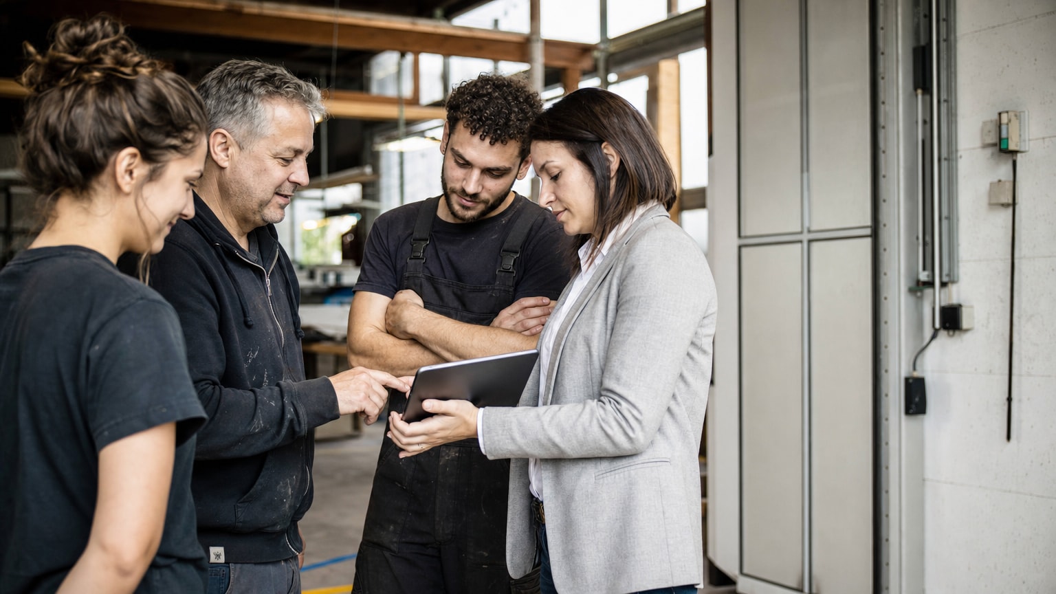 Ein Team von Handwerkern und Büroangestellten in einer modernen Werkstatt, die gemeinsam auf einen Tablet-Bildschirm schauen, auf dem ein optimierter Workflow-Plan angezeigt wird. Die Atmosphäre ist positiv und kollaborativ, nicht technisch und kalt.