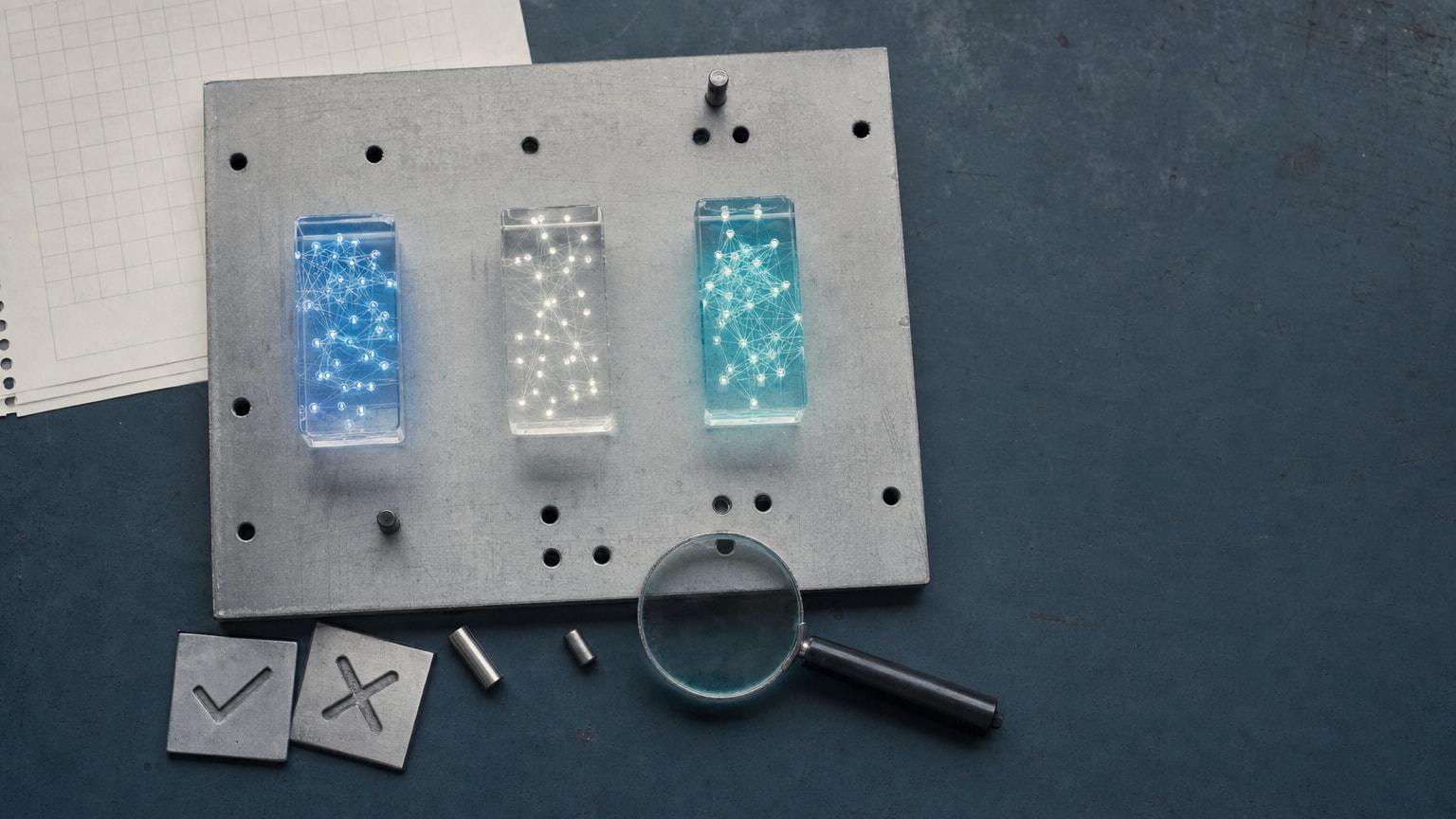 Drei symbolische KI-Assistenten an einem Prüfstand, dargestellt als abstrakte, leuchtende Sprachmodelle, die gegen einen Faktencheck-Hintergrund mit Häkchen und Kreuzen geprüft werden – sachlich-technische Illustration in gedeckten Blau- und Grautönen.