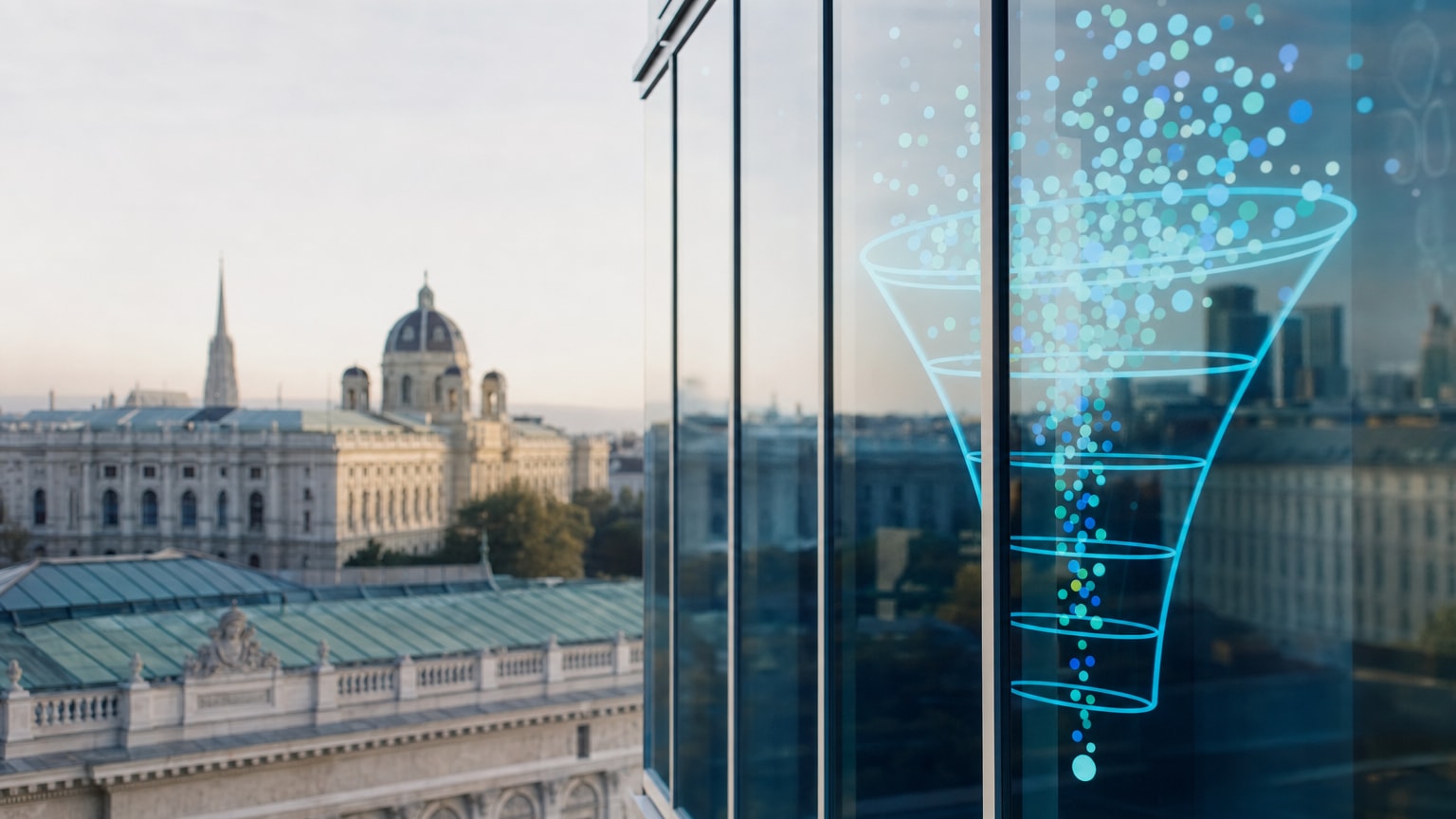 Abstraktes Dashboard mit einer stilisierten Sales-Pipeline, durch die digitale Datenpunkte fließen — in modernen Blau- und Grüntönen, mit österreichischer Stadtsilhouette im Hintergrund.