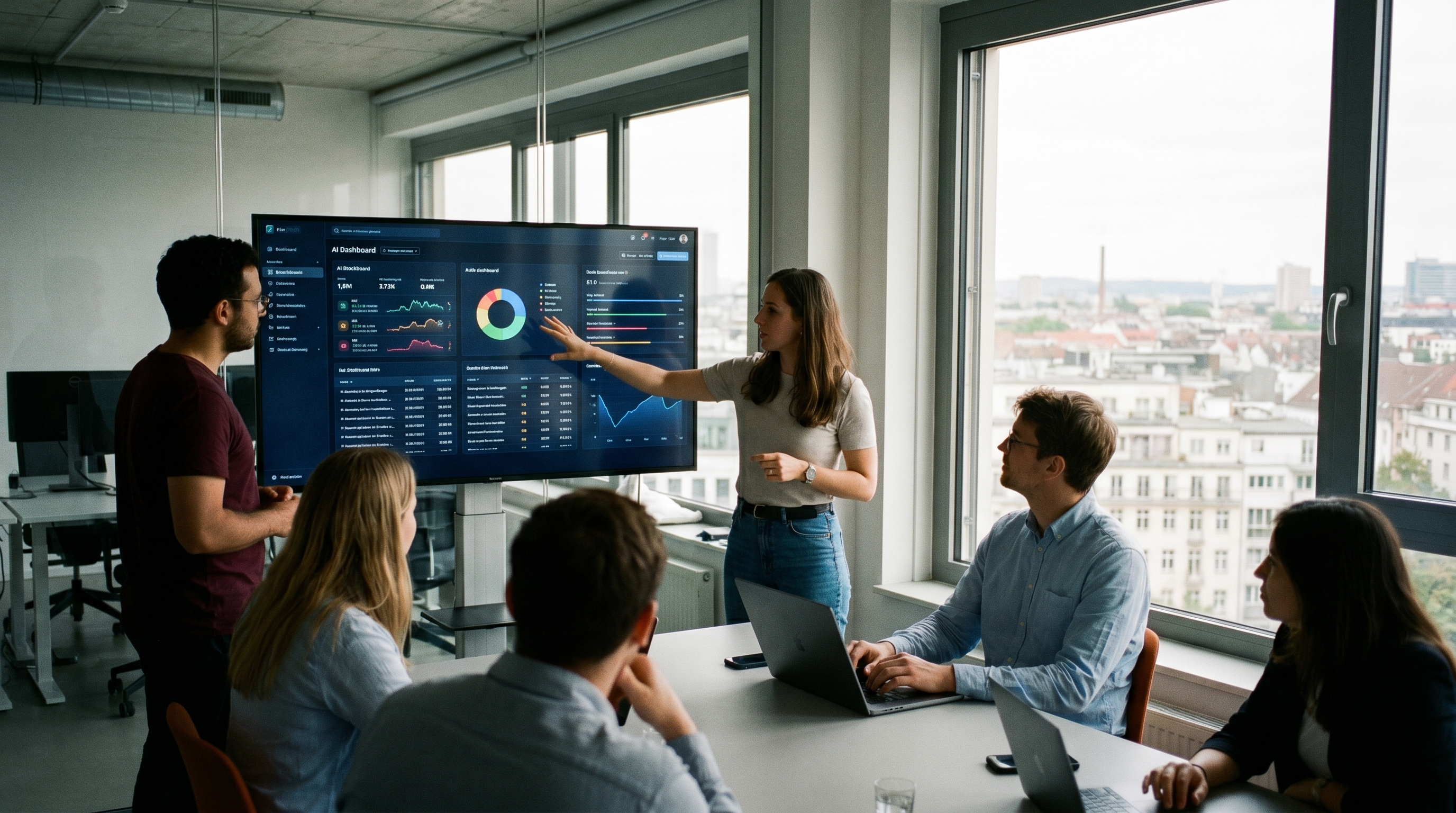 Modernes Büro mit einem Team aus Menschen und KI-gestützten Dashboards auf großen Bildschirmen, symbolisch für die Zusammenarbeit zwischen Agentur und Technologie im B2B-Kontext. Helle, sachliche Atmosphäre.