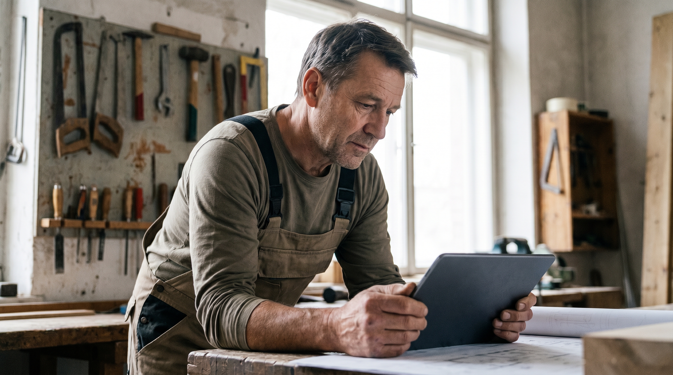 Ein Handwerksmeister in einer modernen Werkstatt, der auf einem Tablet eine KI-gestützte Projektplanung betrachtet, während im Hintergrund traditionelle Werkzeuge an der Wand hängen – Verbindung von Tradition und digitaler Zukunft.