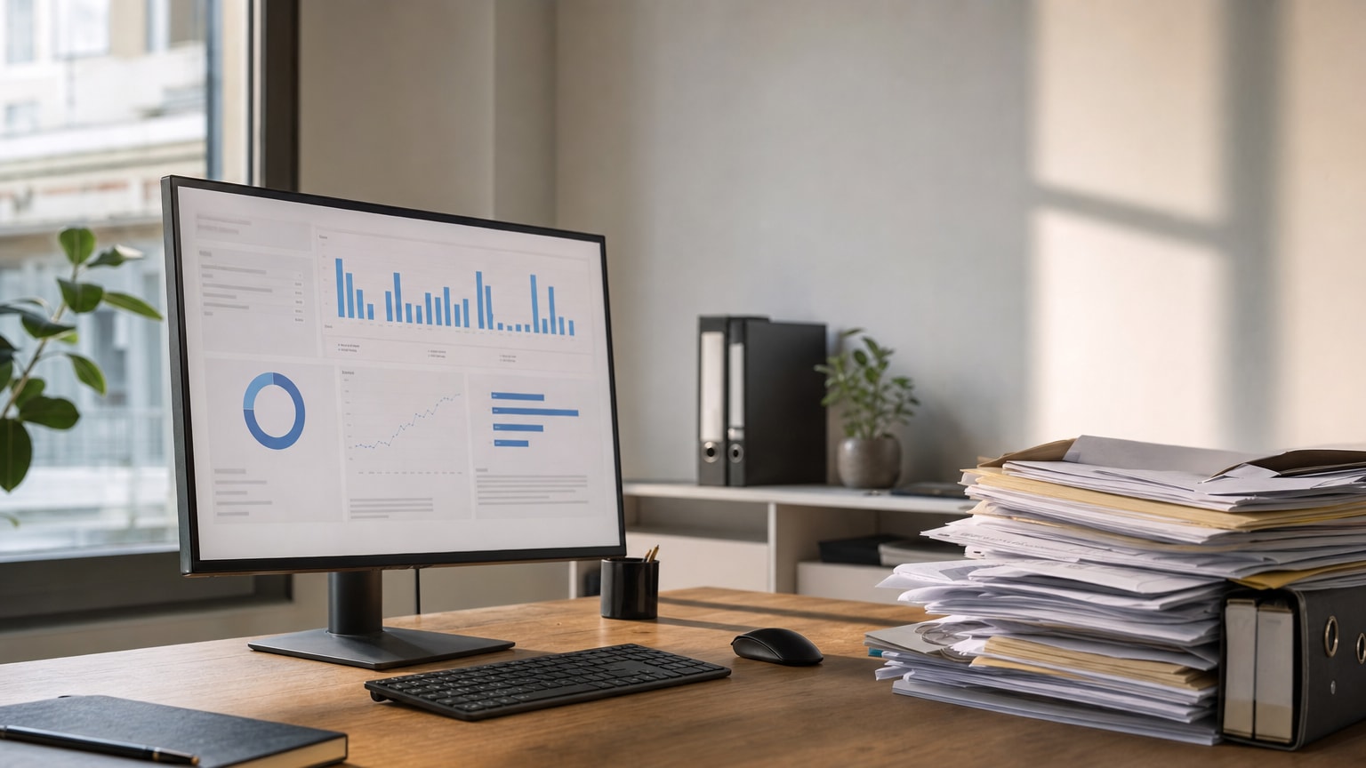 Aufgeräumter, moderner Büroarbeitsplatz mit einem großen Bildschirm, auf dem ein übersichtliches Finanz-Dashboard mit Diagrammen und Kennzahlen zu sehen ist. Daneben ein Stapel Papierrechnungen, der symbolisch zur Seite geschoben wird. Warme, professionelle Atmosphäre, keine Personen im Bild.