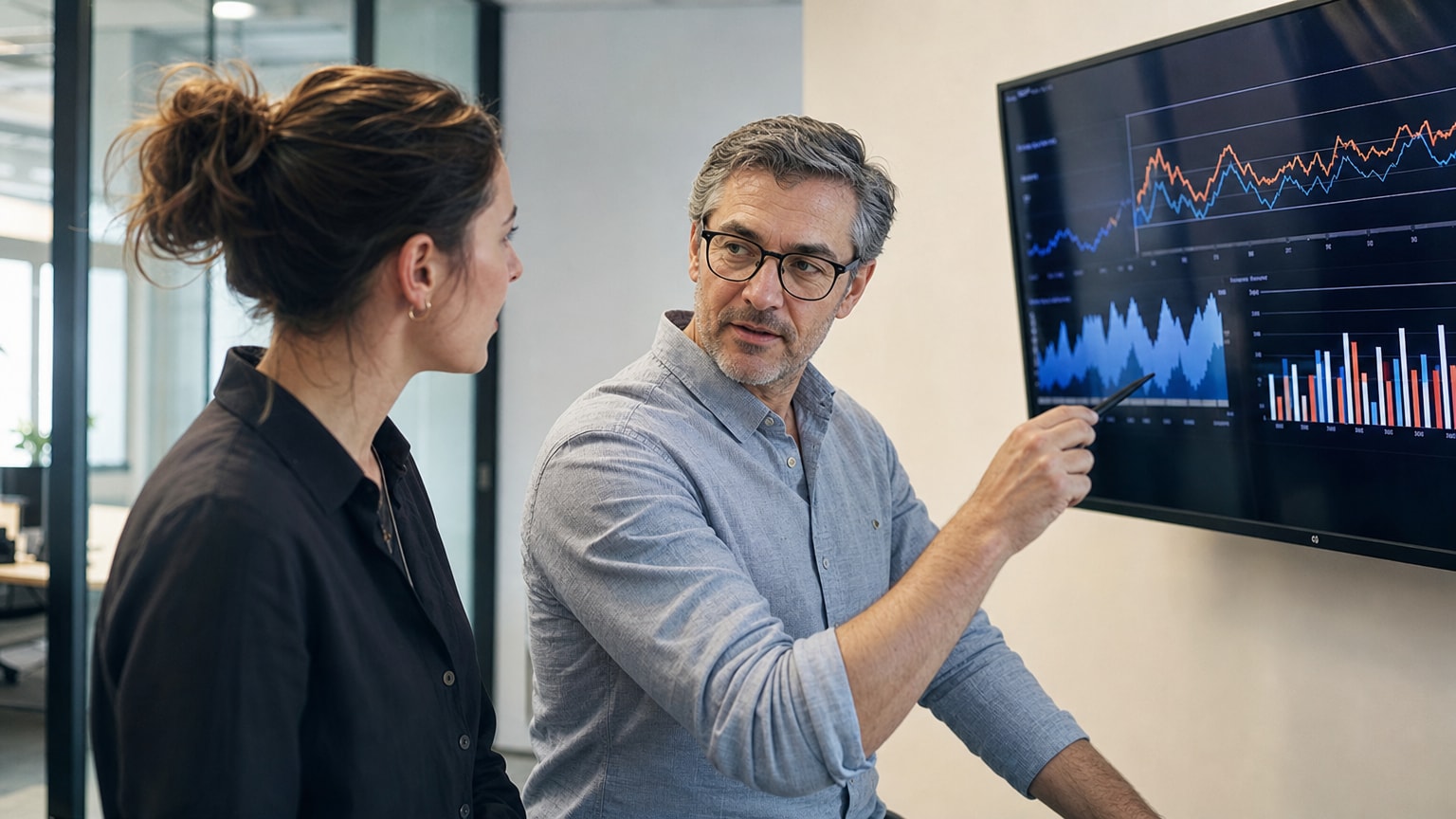 Abstrakte Darstellung eines digitalen Dashboards mit Preiskurven und Margen-Indikatoren, in einem modernen Büroumfeld eines mittelständischen Betriebs – klare Linien, warme Farben, professionell.