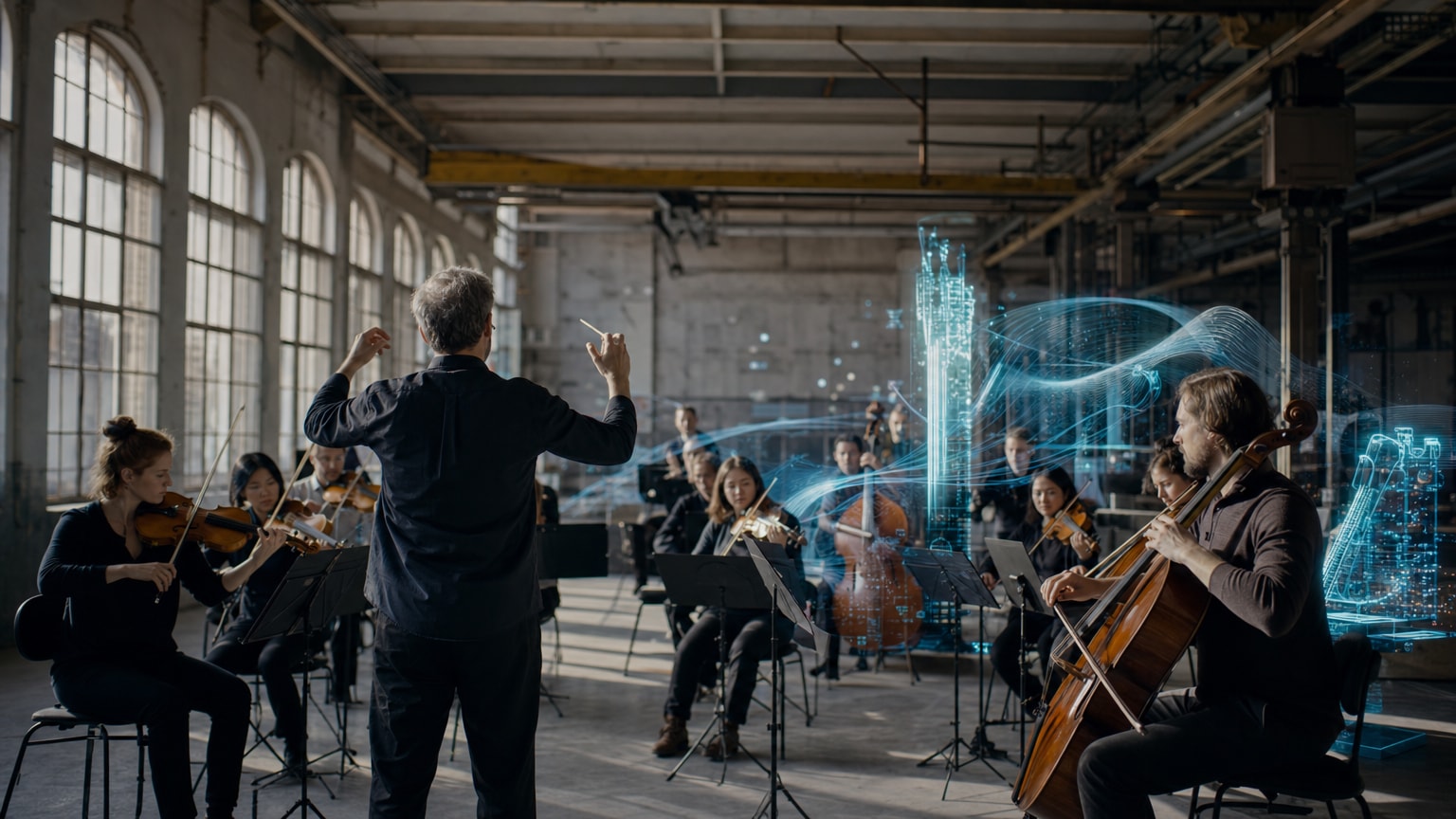 Ein Dirigent steht vor einem modernen Orchester, in dem einige Instrumente durch abstrakte digitale Elemente und Lichtströme dargestellt werden – Symbolbild für die Zusammenarbeit von Mensch und KI in der Content-Erstellung.