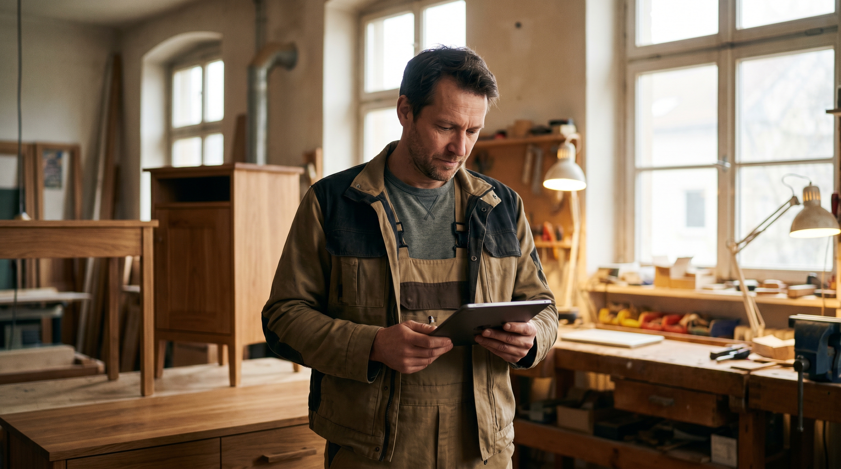 Ein Handwerker in Arbeitskleidung steht in seiner Werkstatt und erstellt am Tablet einen Social-Media-Beitrag, im Hintergrund sieht man fertige Werkstücke und warmes Werkstattlicht — modern, authentisch, nicht gestellt.