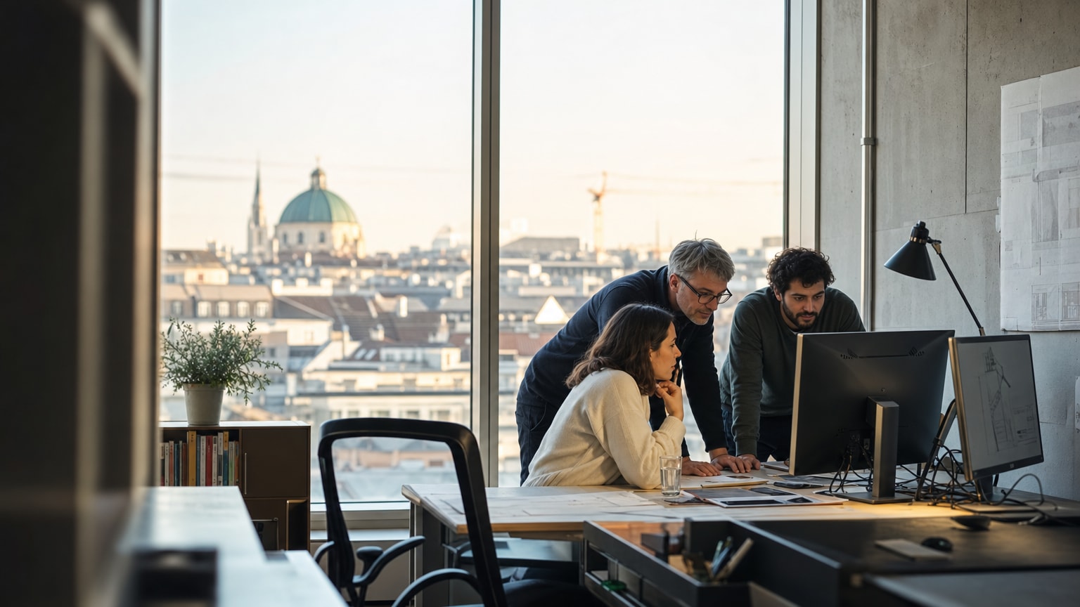 Modernes Büro in Wien mit Blick auf die Stadtsilhouette, ein Team arbeitet gemeinsam an einem digitalen Projekt auf großen Bildschirmen – warmes Licht, professionelle Atmosphäre, Technologie und Menschlichkeit vereint.