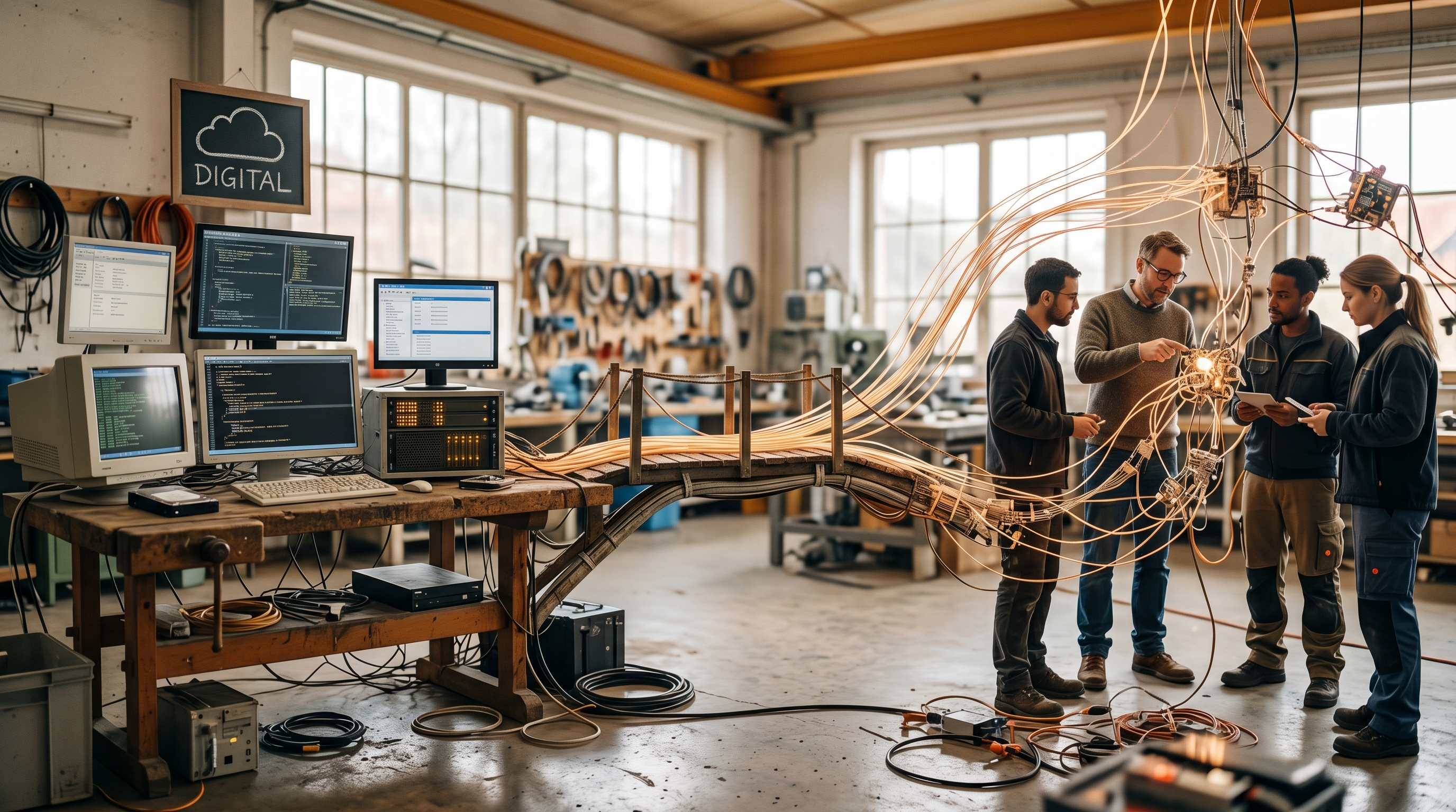 Abstraktes Bild eines Unternehmens im Wandel: Eine symbolische Brücke zwischen klassischen digitalen Werkzeugen (Bildschirme, Cloud-Symbole) und einer neuen Ebene mit autonomen KI-Systemen, dargestellt durch fließende, selbstorganisierende Netzwerke in warmem Licht.