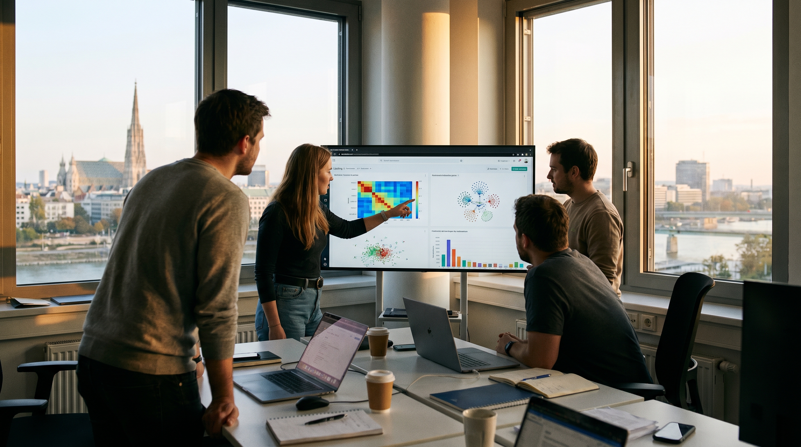 Moderne Büroumgebung in Wien mit Blick auf Stadtsilhouette, ein kleines Team arbeitet gemeinsam an einem digitalen Dashboard mit KI-gestützten Visualisierungen, warmes Licht, professionelle aber nahbare Atmosphäre.