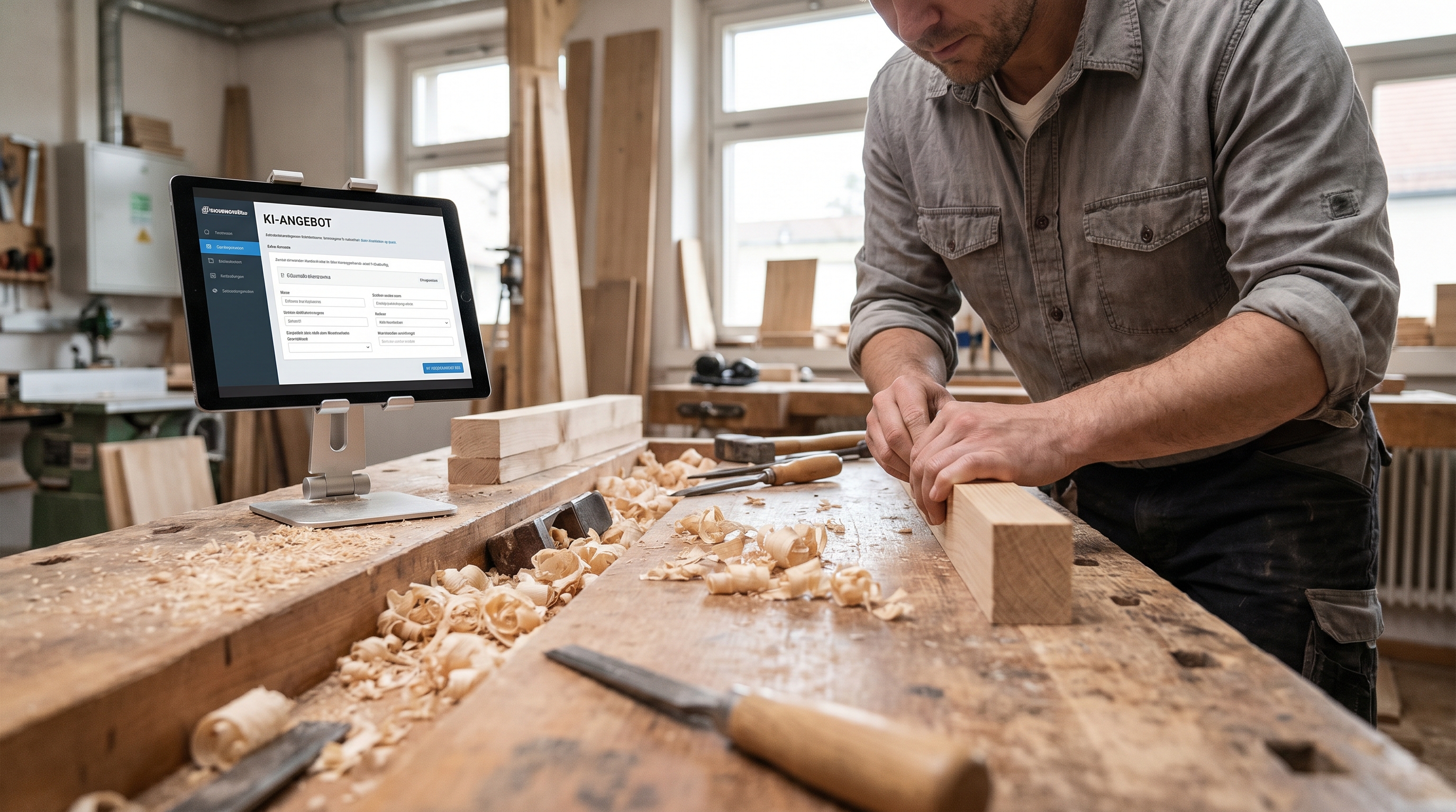 Eine moderne Tischlerwerkstatt mit Holzarbeitsplatz im Vordergrund und einem Tablet oder Bildschirm im Hintergrund, auf dem ein KI-generiertes Angebot sichtbar ist — warmes Licht, Holzspäne, professionelle Atmosphäre.