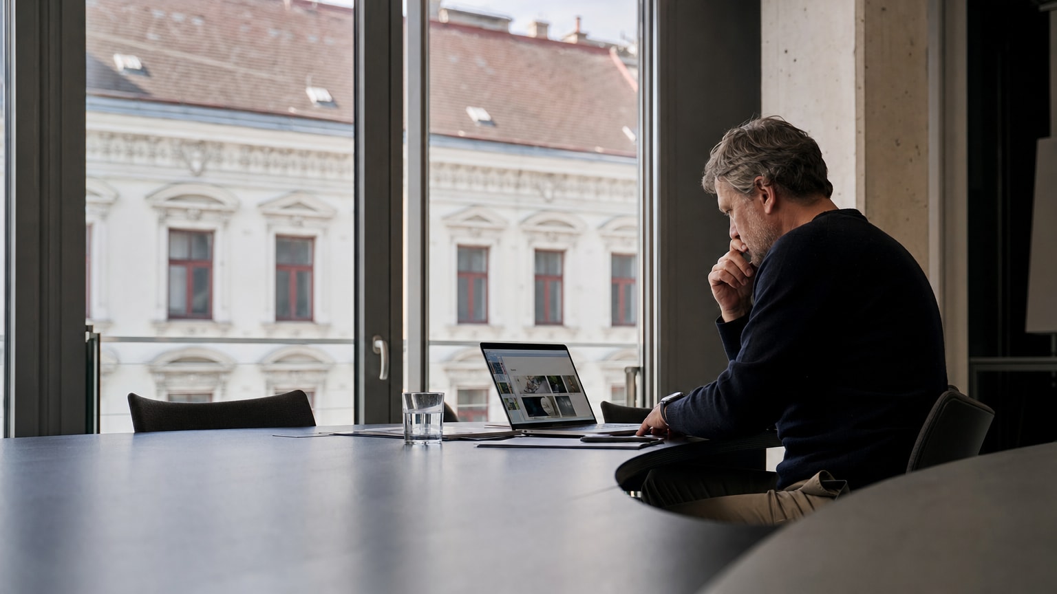 Ein Geschäftsführer sitzt nachdenklich vor einem Laptop in einem modernen Besprechungsraum, auf dem Bildschirm ist eine Präsentation zu sehen. Warme, professionelle Atmosphäre, österreichisches Büro-Setting.