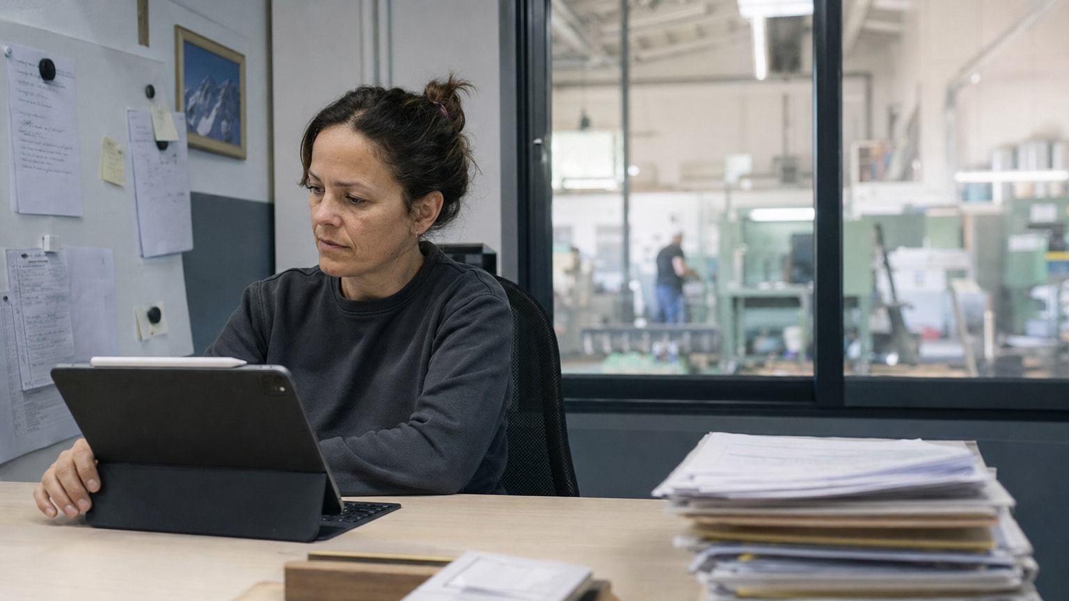 Ein moderner, aufgeräumter Schreibtisch in einem Handwerksbüro. Links im Bild ein Tablet mit einer CRM-Software, rechts ein kleiner, ordentlicher Stapel Papier, der symbolisch für die Vergangenheit steht. Im Hintergrund sieht man durch ein Fenster eine Werkstatt.