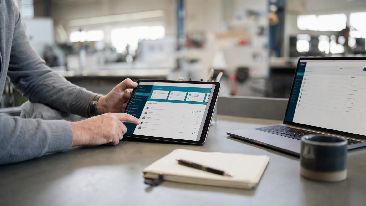 Ein aufgeräumter, moderner Arbeitsplatz mit Tablet und Laptop, auf dem ein digitales Onboarding-Dashboard zu sehen ist – im Hintergrund ein typischer KMU-Betrieb mit Werkstatt oder Büro, warme Farben, professionelle Atmosphäre.