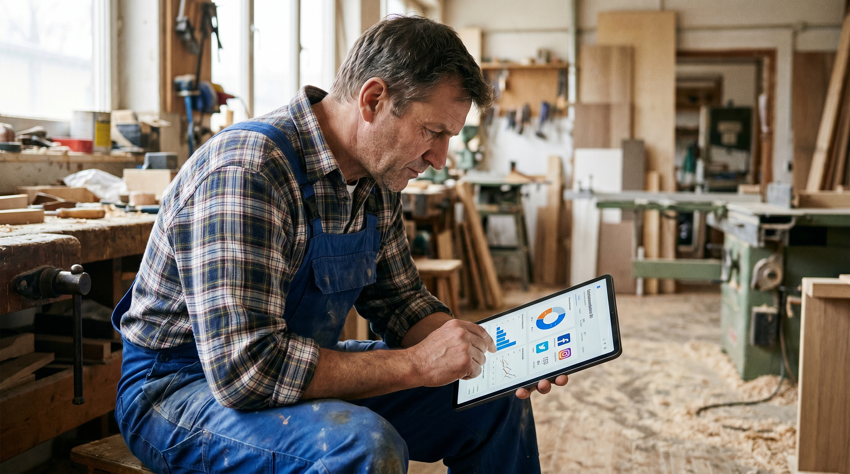 Ein Handwerker in Arbeitskleidung blickt konzentriert auf ein Tablet-Display, das Diagramme und Kennzahlen einer Social-Media-Werbekampagne zeigt. Im Hintergrund eine Werkstatt mit professionellem Werkzeug.