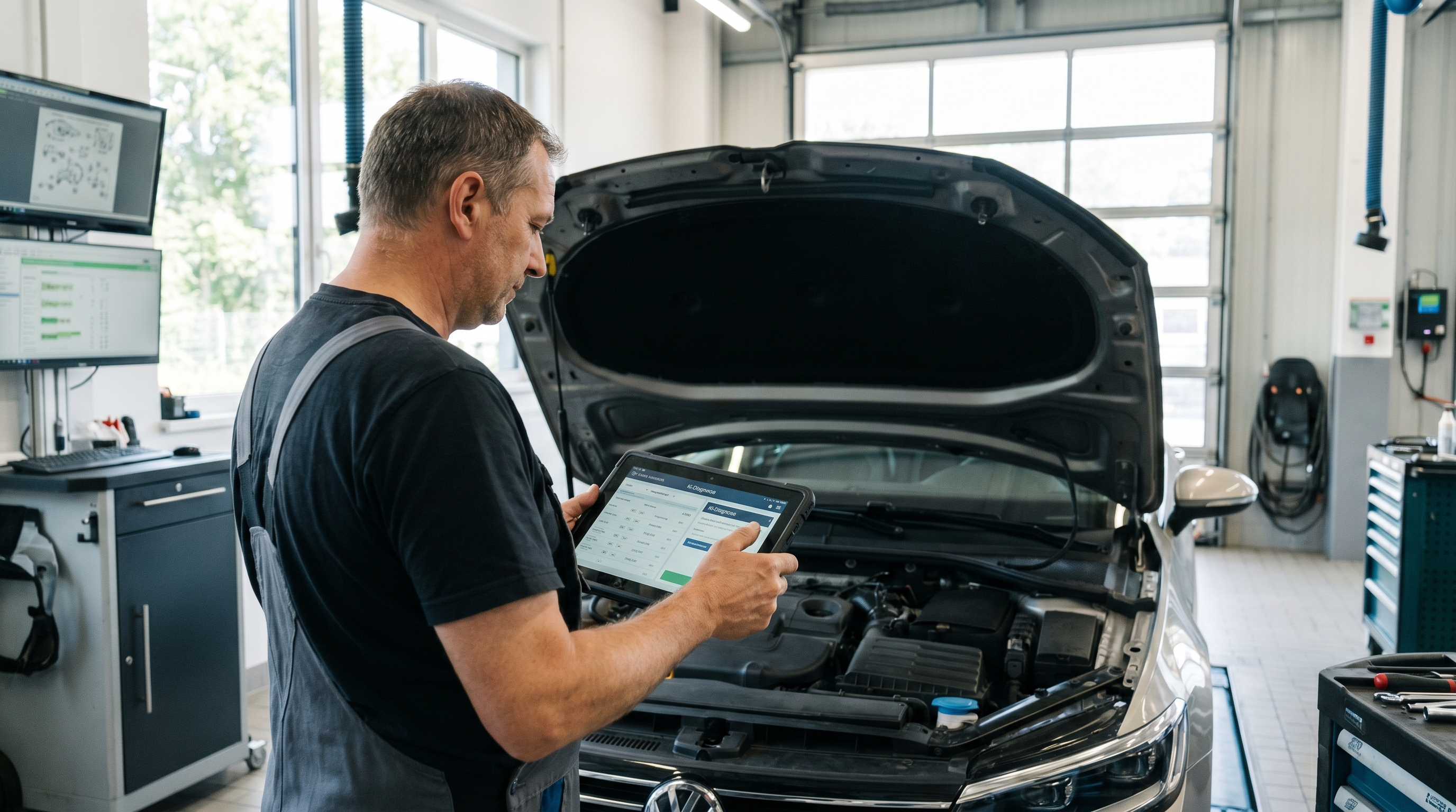 Moderne Autowerkstatt mit einem Mechaniker, der ein Tablet mit KI-gestützter Fahrzeugdiagnose vor einem geöffneten Motorraum nutzt. Helle, saubere Werkstattumgebung mit digitalen Anzeigen.