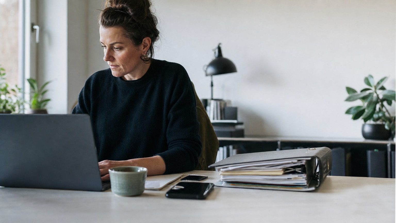 Ein aufgeräumter Schreibtisch mit Laptop, daneben ein Ordner mit Rechnungen und ein Smartphone — symbolisch für die alltäglichen Datenquellen, die KMU bereits besitzen, ohne es zu wissen. Warme, helle Büroatmosphäre.
