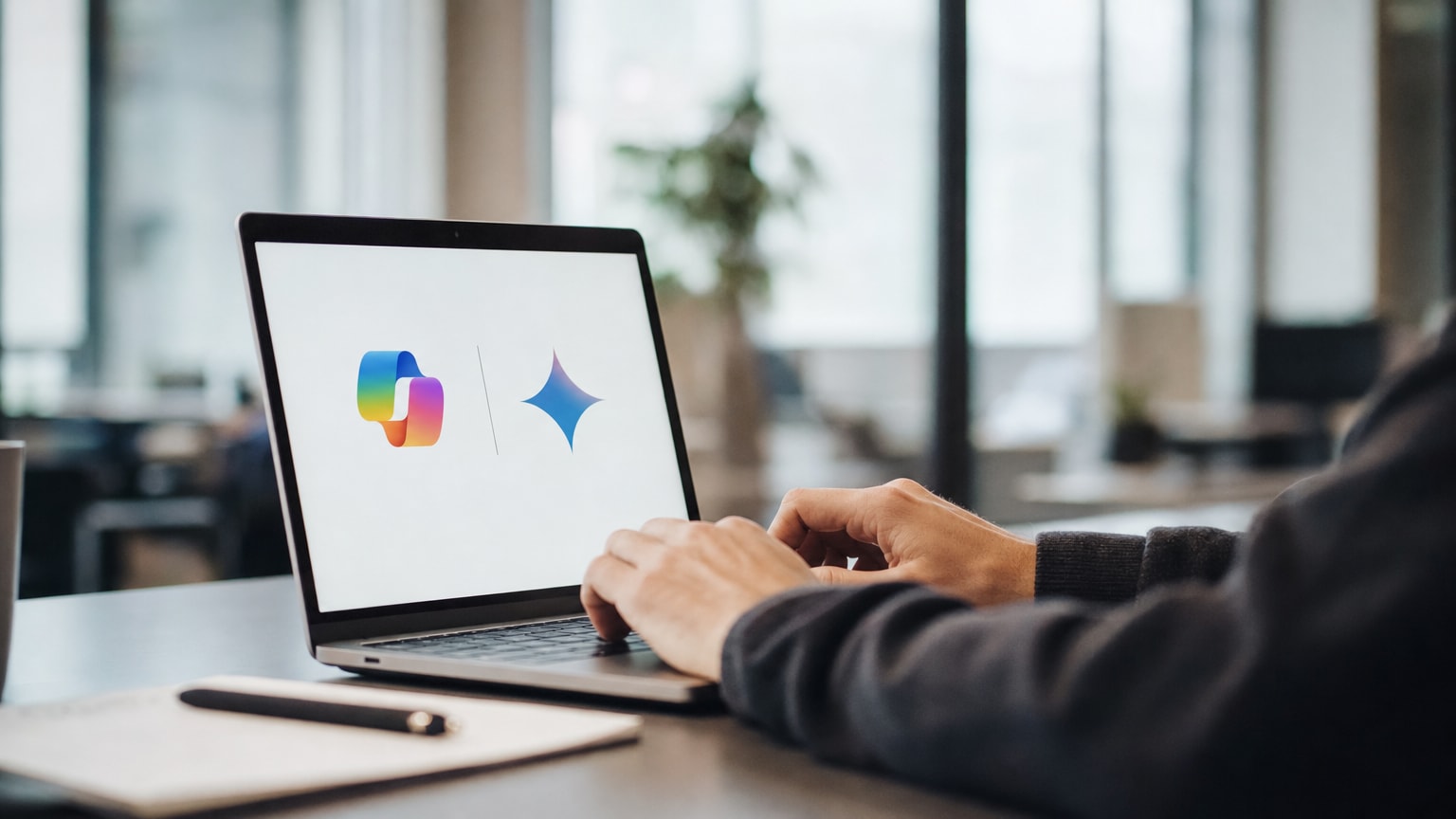 Ein minimalistischer Schreibtisch mit einem Laptop, auf dessen Bildschirm sich die Logos von Microsoft Copilot und Google Gemini gegenüberstehen. Die Stimmung ist professionell und zukunftsorientiert, nicht konfrontativ. Im Hintergrund ist eine unscharfe Büroumgebung zu sehen.