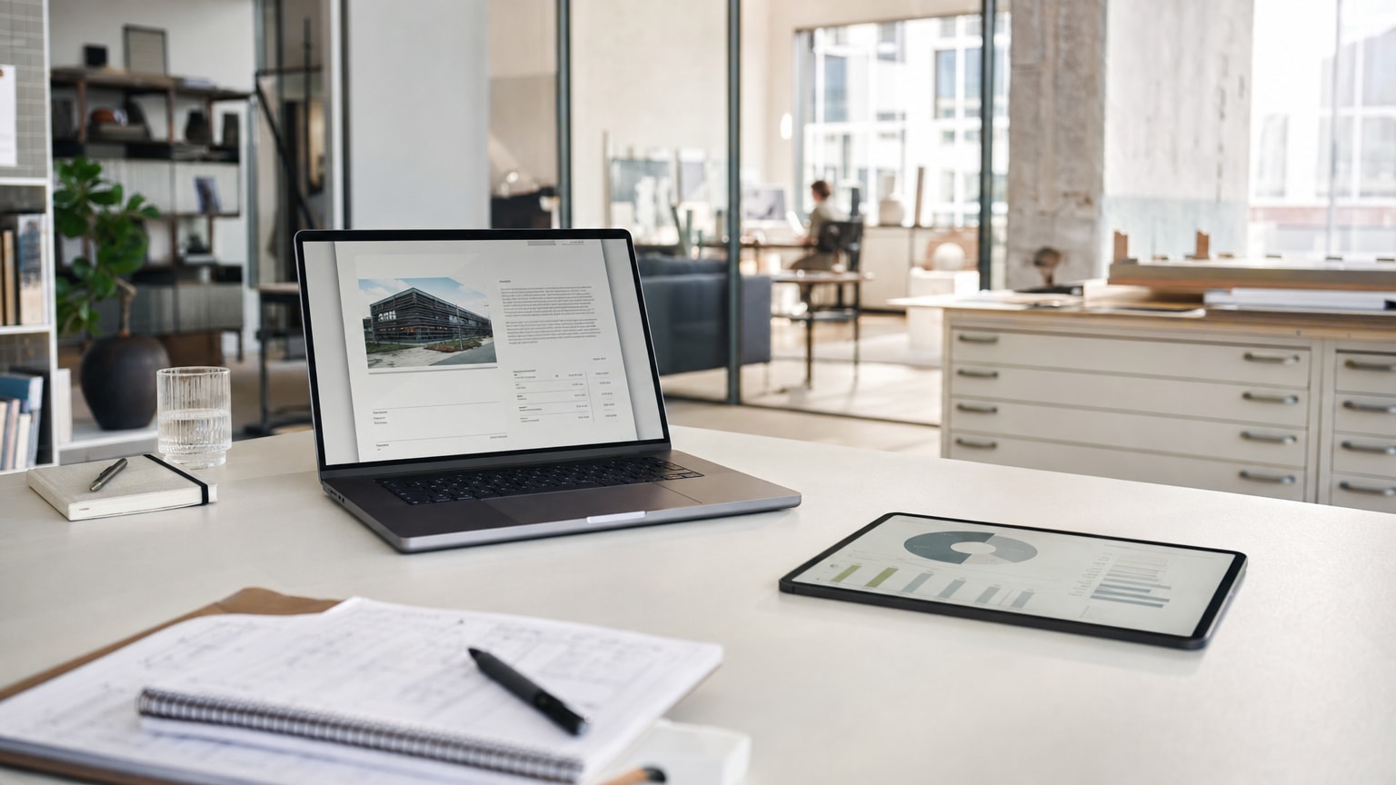 Ein aufgeräumter Schreibtisch mit Laptop, auf dem ein modernes Angebotsdokument zu sehen ist, daneben ein Tablet mit Diagrammen — helle, professionelle Atmosphäre, die Effizienz und Klarheit vermittelt.