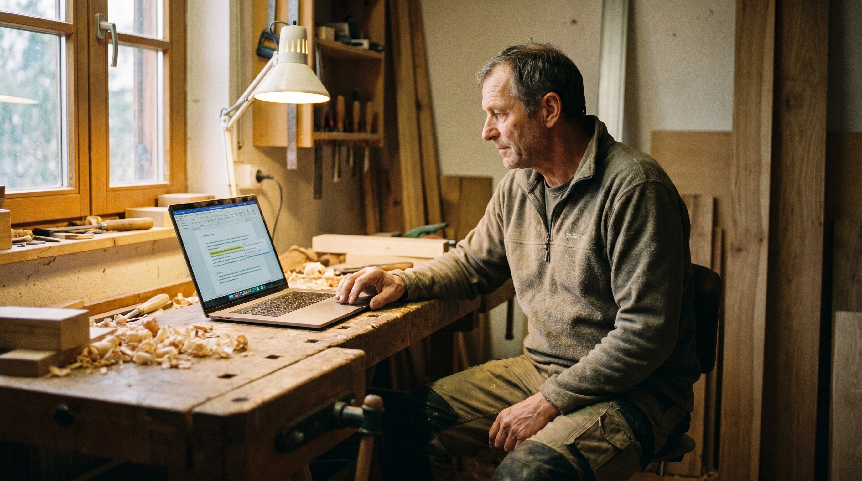 Ein Handwerker sitzt nach Feierabend in seiner Werkstatt am Laptop, auf dem Bildschirm ist ein Texteditor mit KI-Vorschlägen zu sehen. Warmes Werkstattlicht, Holzspäne im Hintergrund, authentische Arbeitsatmosphäre.