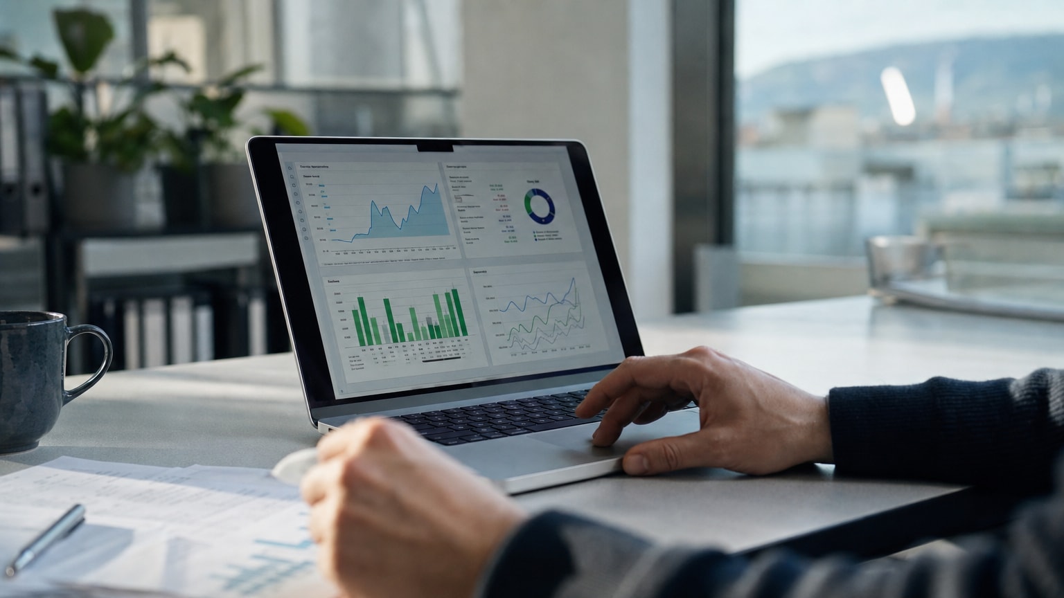 Ein aufgeräumter Schreibtisch mit einem Laptop, auf dem ein Dashboard mit Geschäftskennzahlen (ROI, Durchlaufzeiten, Kostenkurven) sichtbar ist. Im Hintergrund ein helles, modernes KMU-Büro. Österreichischer Kontext, professionelle Atmosphäre.