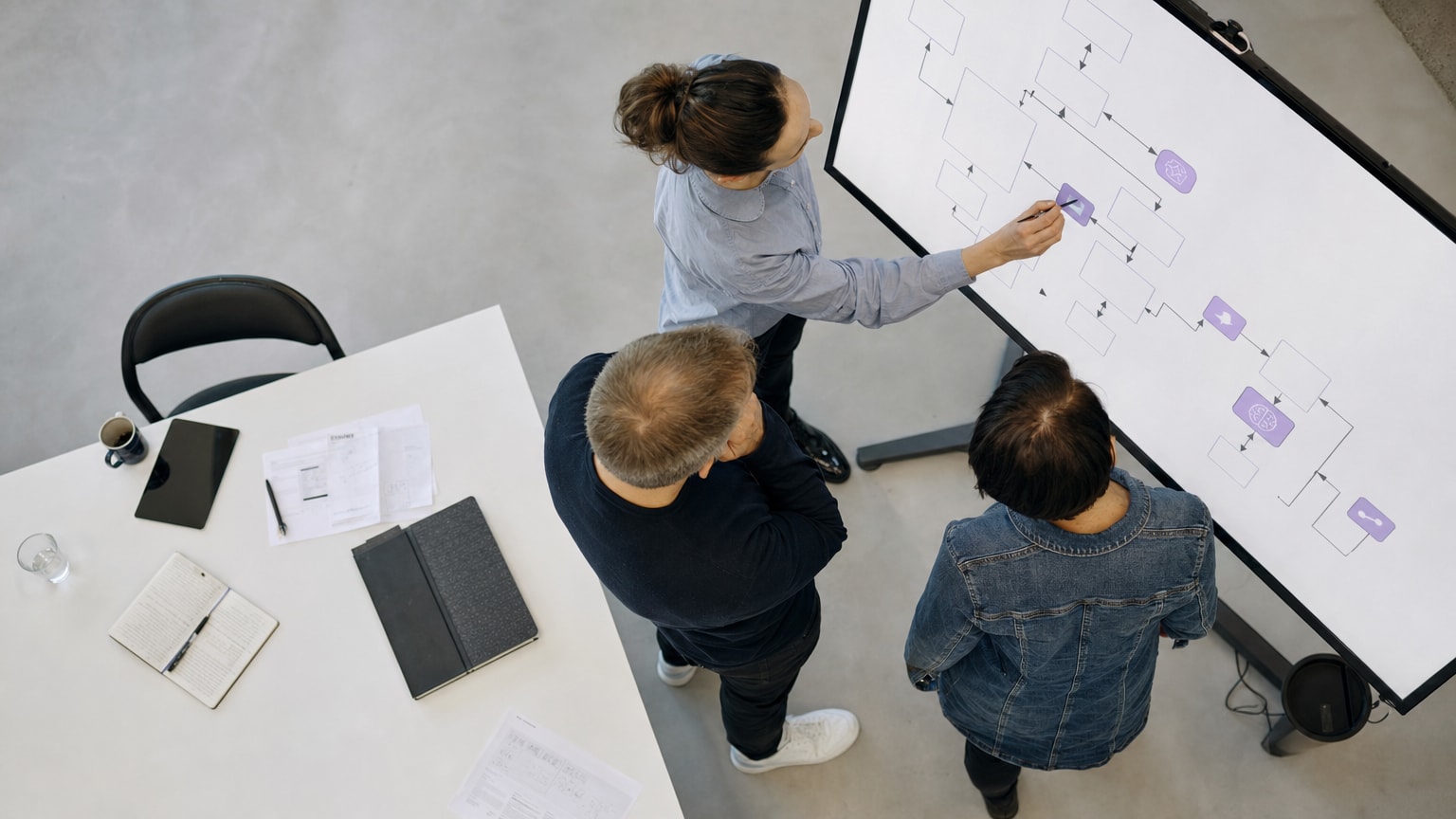 Ein modernes Büro-Setting mit einem kleinen Team, das gemeinsam an einem digitalen Whiteboard arbeitet. Auf dem Screen sind Content-Workflows als Flussdiagramm zu sehen, einzelne Schritte sind mit KI-Symbolen markiert. Die Atmosphäre ist kollaborativ und hell.