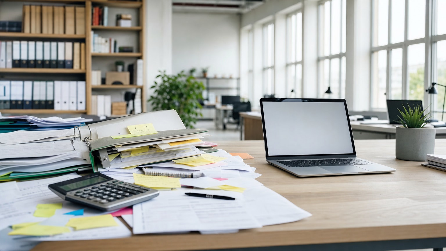 Ein überladener Büroschreibtisch mit Post-its, losen Zetteln, einem offenen Ordner und einem Taschenrechner – daneben ein aufgeräumter Laptop-Arbeitsplatz mit klarem Bildschirm. Kontrast zwischen analogem Chaos und digitaler Ordnung, helle Büroatmosphäre.