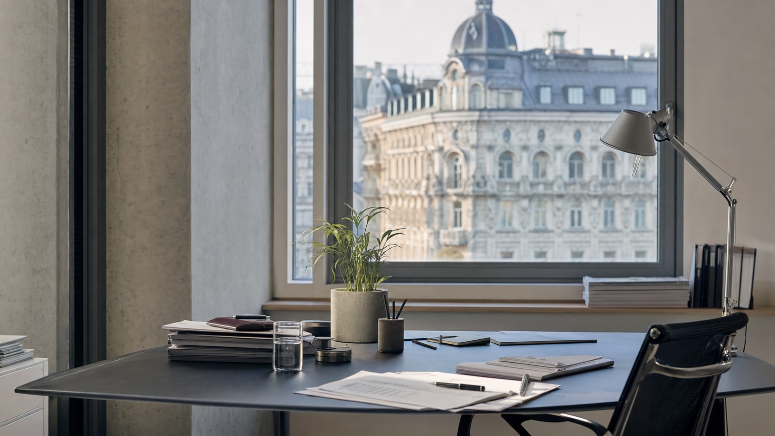 Ein modernes Wiener Büro mit Blick auf Stadtarchitektur, auf einem Bildschirm sind Daten-Dashboards und Automatisierungs-Workflows sichtbar, warmes Tageslicht, professionelle Atmosphäre.
