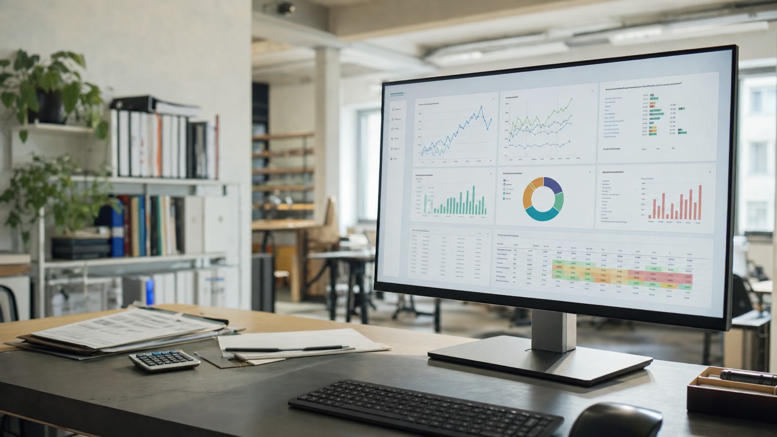 Ein übersichtliches Dashboard auf einem Bildschirm in einem kleinen Büro, das klare Geschäftskennzahlen und Diagramme zeigt – im Hintergrund ein aufgeräumter Arbeitsplatz eines mittelständischen Betriebs.