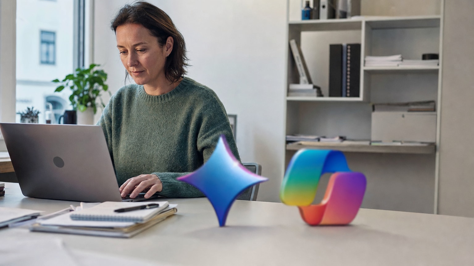 Zwei KI-Assistenten-Symbole (stilisiert als Gemini-Zwillinge und Copilot-Logo) nebeneinander auf einem Schreibtisch mit Laptop, CRM-Dashboard und Notizen – modernes Büro-Setting eines KMU, helle Farben, sachlich-professionelle Atmosphäre.