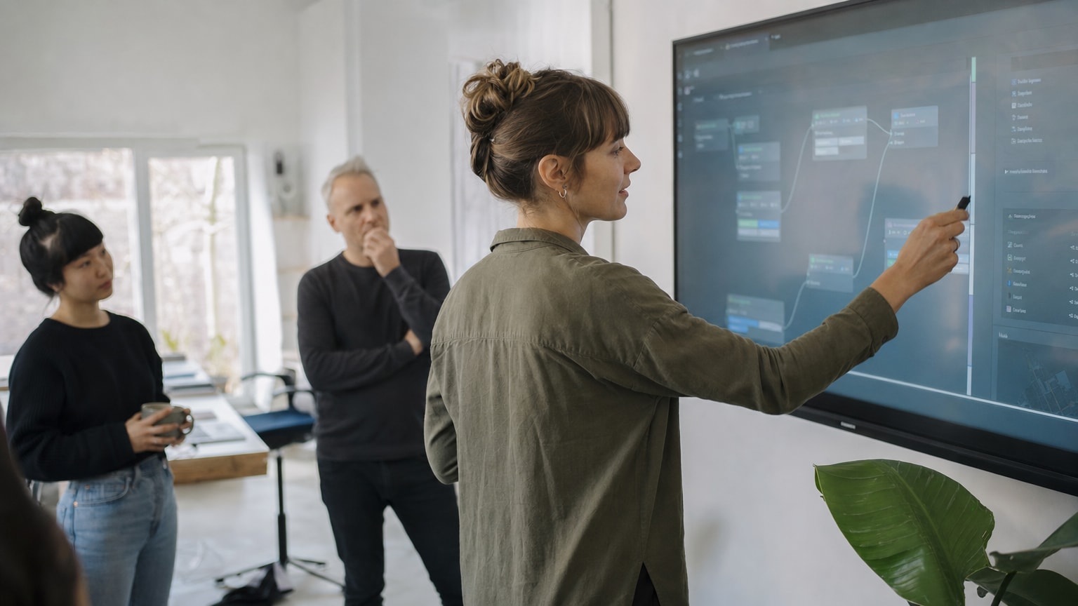 Ein diverses Team in einem hellen, modernen Büro arbeitet gemeinsam an einem großen Bildschirm, auf dem ein KI-Dashboard zu sehen ist. Die Atmosphäre ist offen und kooperativ, keine sterile Tech-Umgebung, sondern ein realistischer KMU-Arbeitsplatz.