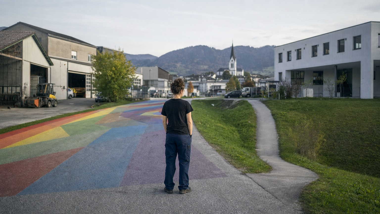 Zwei kontrastierende Wege, die von einem gemeinsamen Startpunkt abzweigen — einer breit und vielfarbig (Allrounder), einer schmal und tief (Spezialist) — vor dem Hintergrund einer modernen österreichischen Kleinstadt mit Werkstätten und Bürogebäuden.