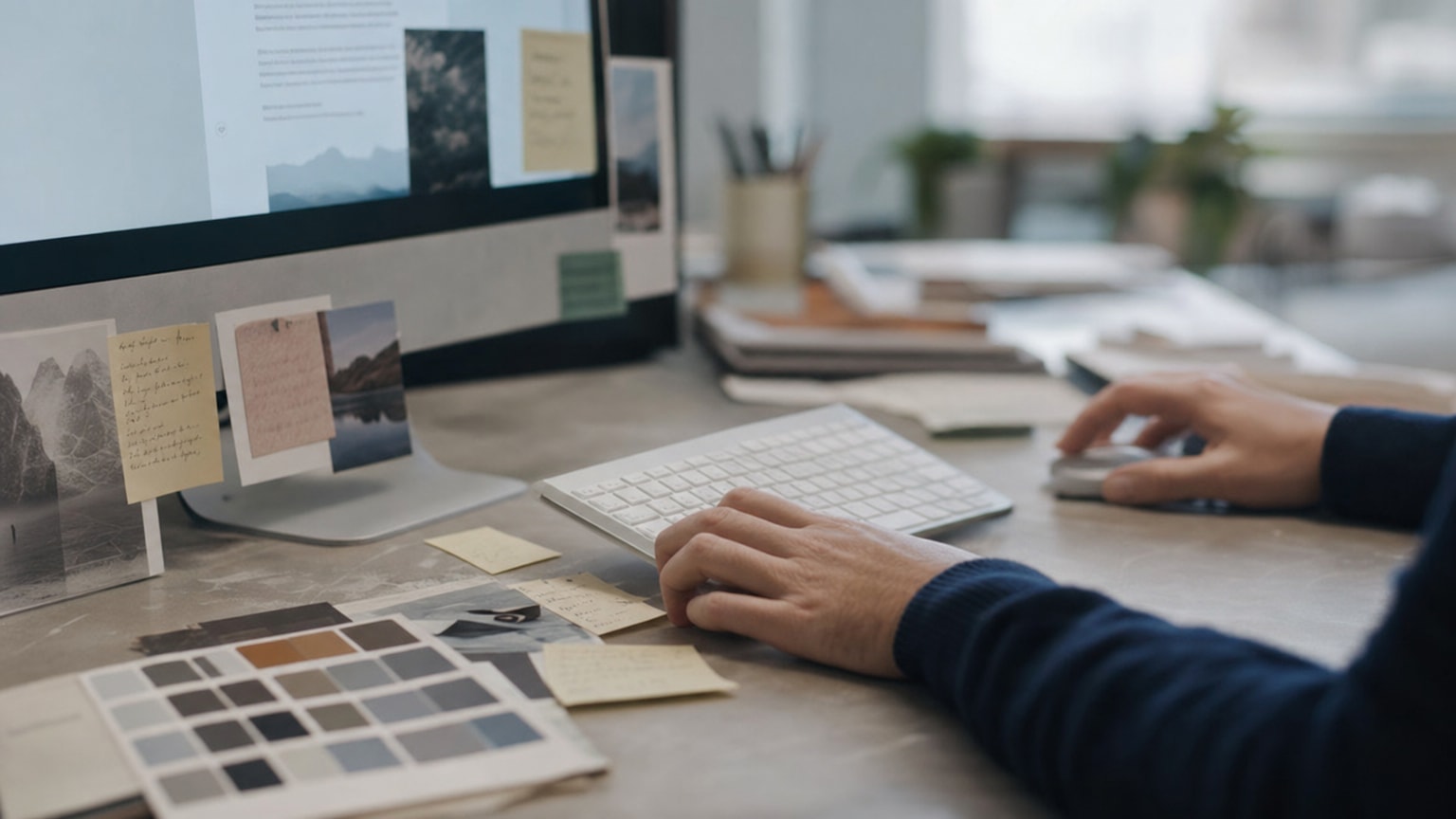 Ein stilisierter digitaler Arbeitsplatz mit einem leuchtenden Textprompt auf dem Bildschirm, umgeben von kreativen Elementen wie Farbpaletten, Textbausteinen und Content-Fragmenten — modern, hell, inspirierend.