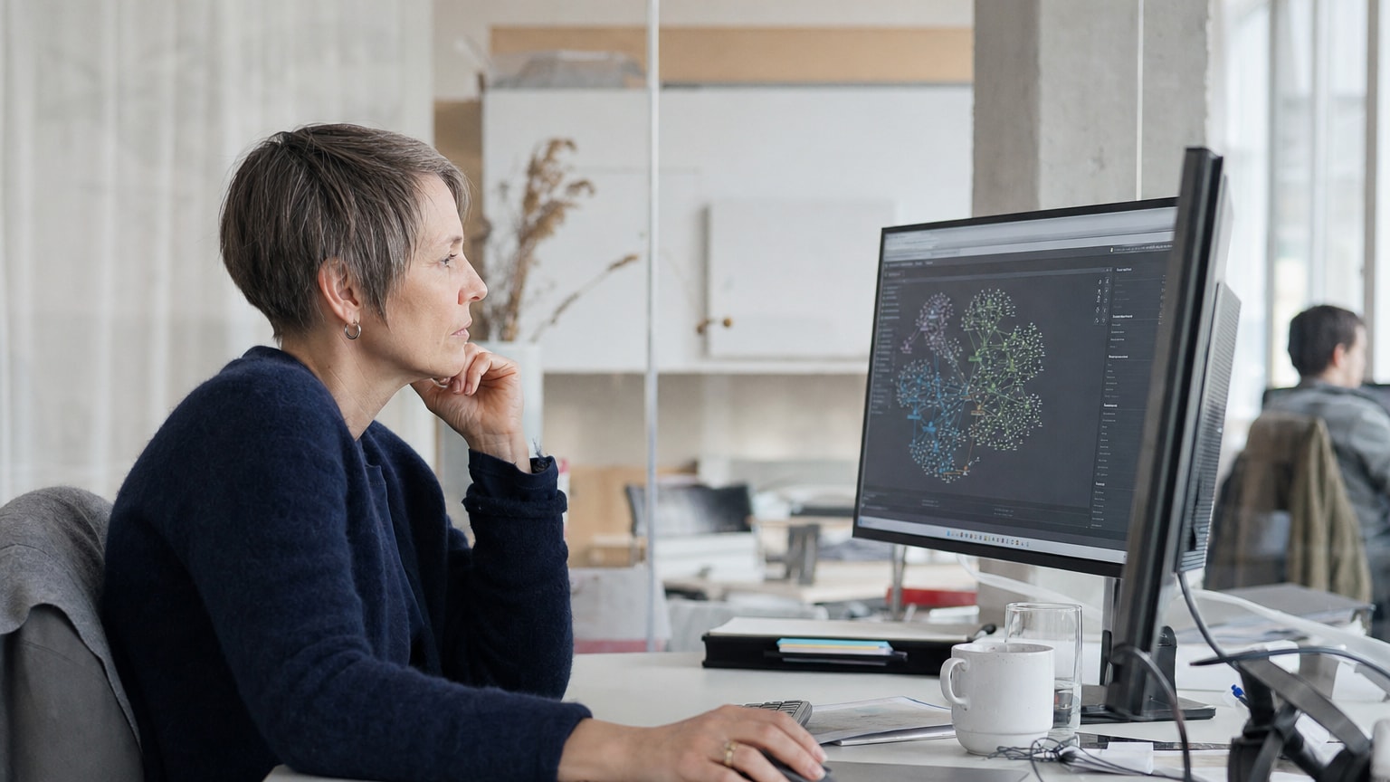 Ein moderner Arbeitsplatz mit einem Bildschirm, auf dem eine KI-gestützte SEO-Analyse mit Keyword-Clustern und Themenkarten visualisiert wird. Helle, professionelle Atmosphäre, die strategische Planung signalisiert.