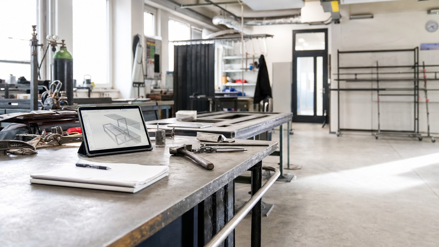 Ein kleiner Handwerksbetrieb mit moderner, heller Werkstatt, in der ein Tablet mit KI-gestützter Software neben klassischem Werkzeug liegt – symbolisch für die Verbindung von Tradition und Technologie im Mittelstand.