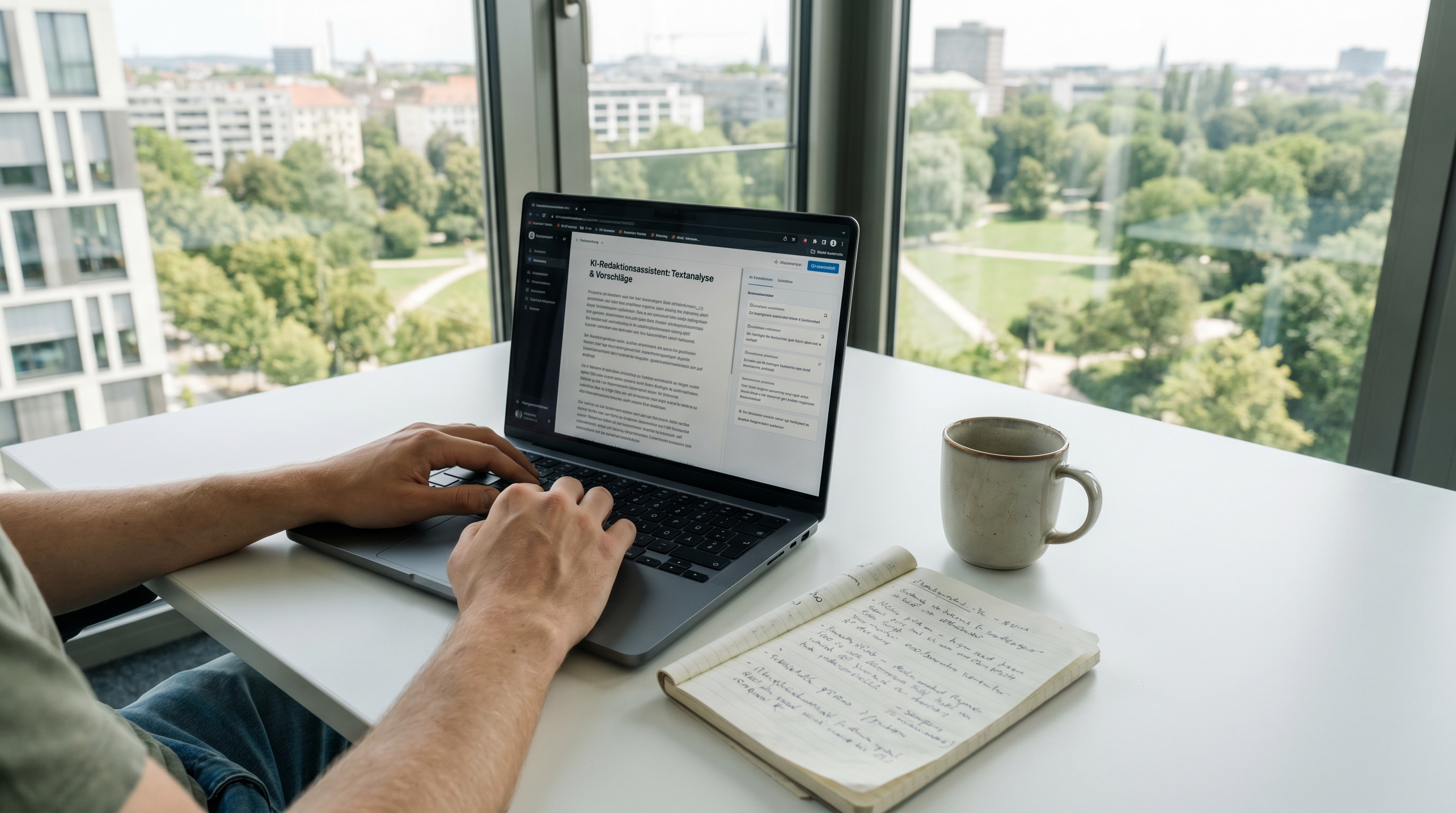Ein aufgeräumter Schreibtisch mit Laptop, auf dem ein KI-gestütztes Redaktionstool geöffnet ist. Daneben eine Kaffeetasse und ein Notizblock. Helle, moderne Büroatmosphäre, die Produktivität und Leichtigkeit ausstrahlt.