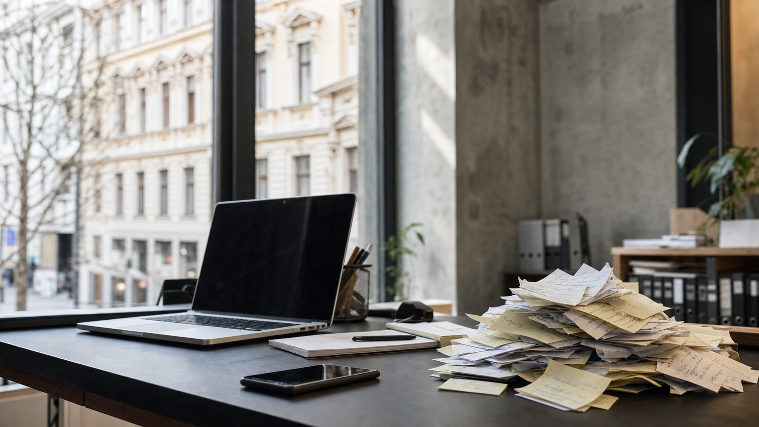 Ein aufgeräumter, moderner Arbeitsplatz mit Laptop und digitaler Oberfläche, daneben ein chaotischer Stapel handgeschriebener Notizzettel – visueller Kontrast zwischen analoger Zettelwirtschaft und digitalem Arbeiten in einem KMU-Umfeld.